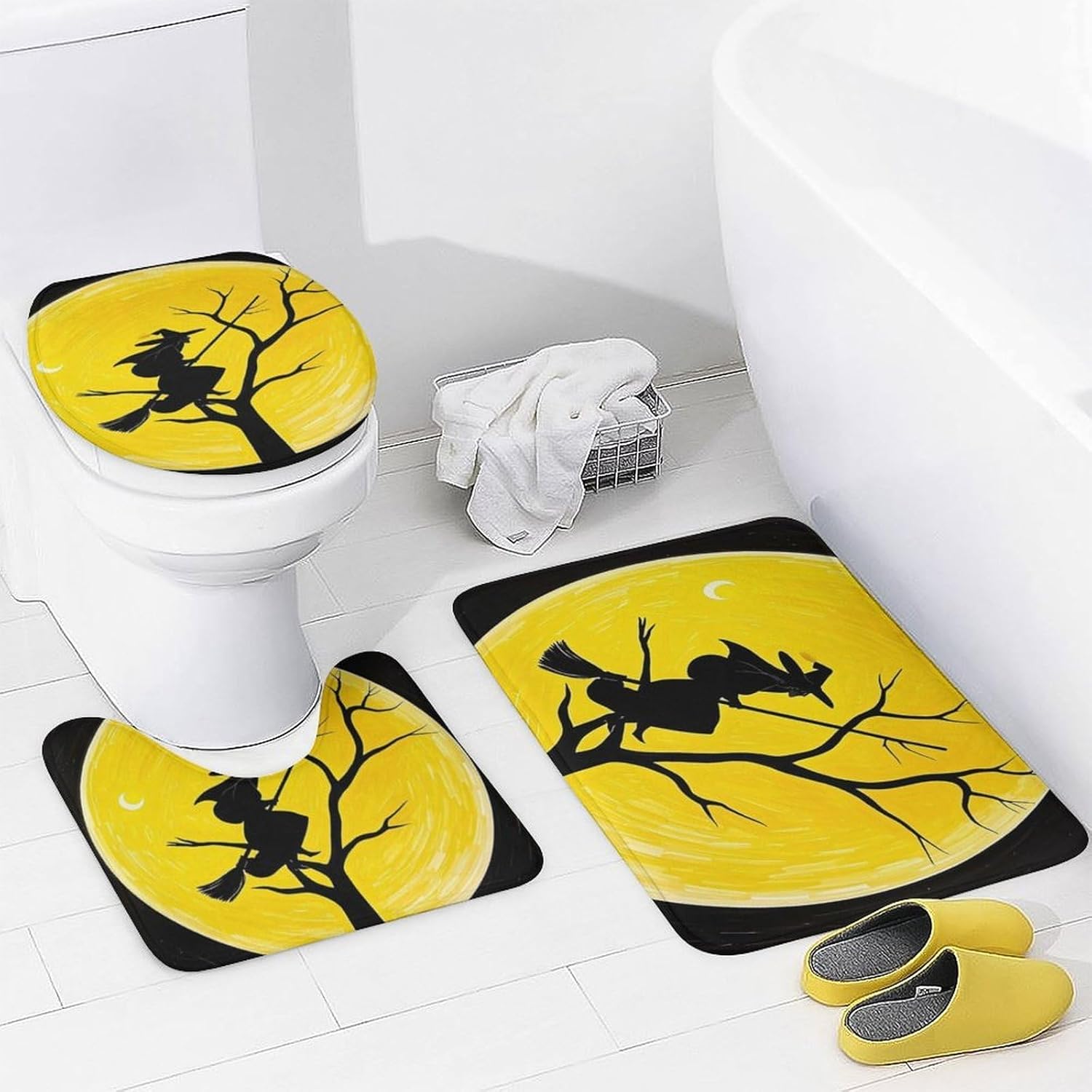 Witch Ornament Shower Curtain Set 4 Piece, Non-Slip Bath Mat with Toilet Lid Cover and Waterproof Shower Curtain with 12 Hooks, Complete Bathroom Set for Home Decor