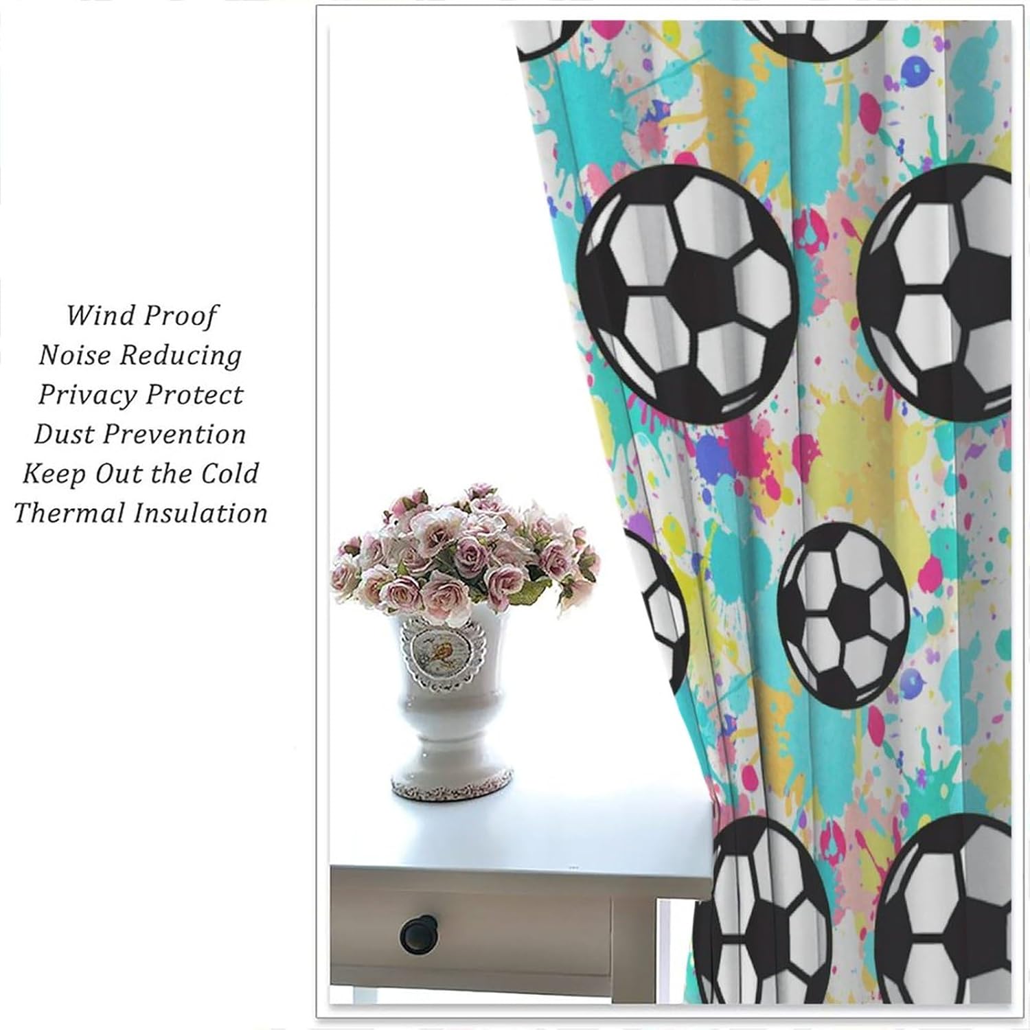 Sport Soccer Curtains for Living Room, Abstract Oil Paint Soccer Ball Funny Football Rod Pocket Thermal Insulated,Window Drapes 2 Panels 63" L x 31.5" W
