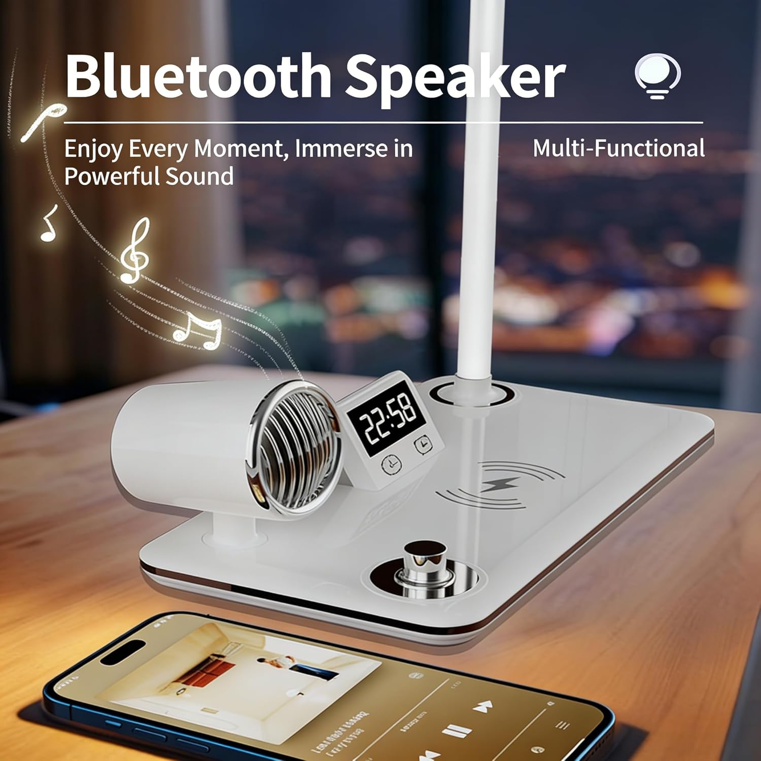 4-in-1 Smart Desk Lamp with Wireless Charging, Bluetooth Speaker, Digital Clock, 15W Fast Charging, 3 Color Temperature Modes, Touch Control (White)