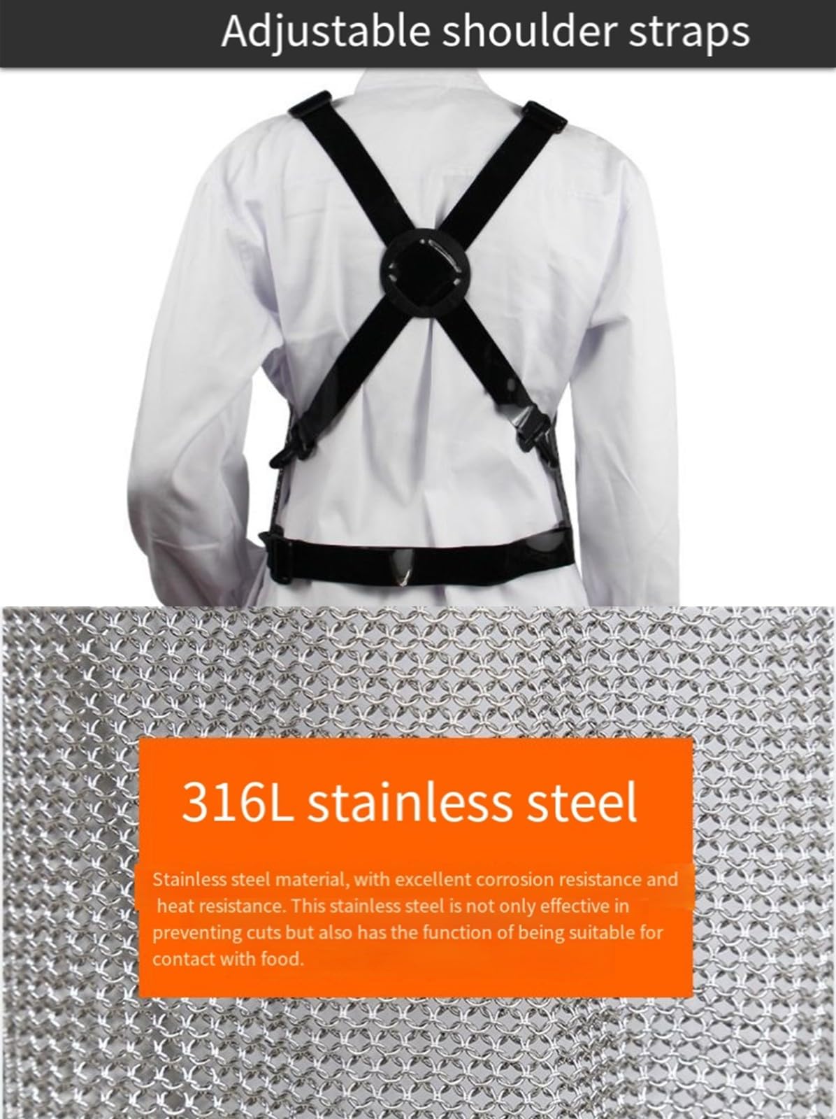 FUELIX Delantal Delantal Resistente A Cortes, Delantal De Metal De Acero Inoxidable Delantal Protector De Trabajo De Seguridad De Carnicero, Correas De Hombro Ajustables 55 * 70cm