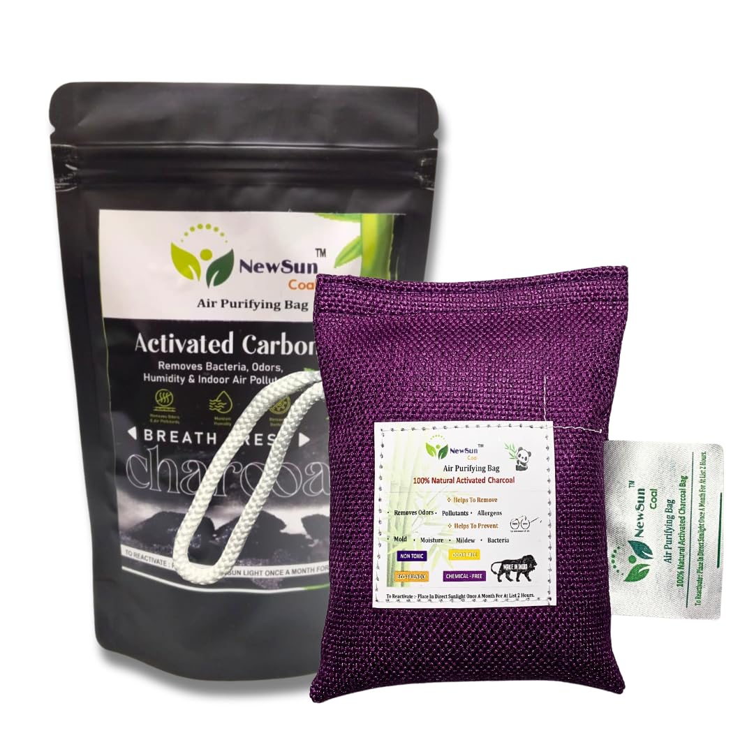 NewSun Activated Bamboo Charcoal Air Purifying Bag Natural Deodorizer And Dehumidifier Unscented, Chunks For Car; Rooms; Pets; Shoes; Purple. Pack Of 1-100Gram