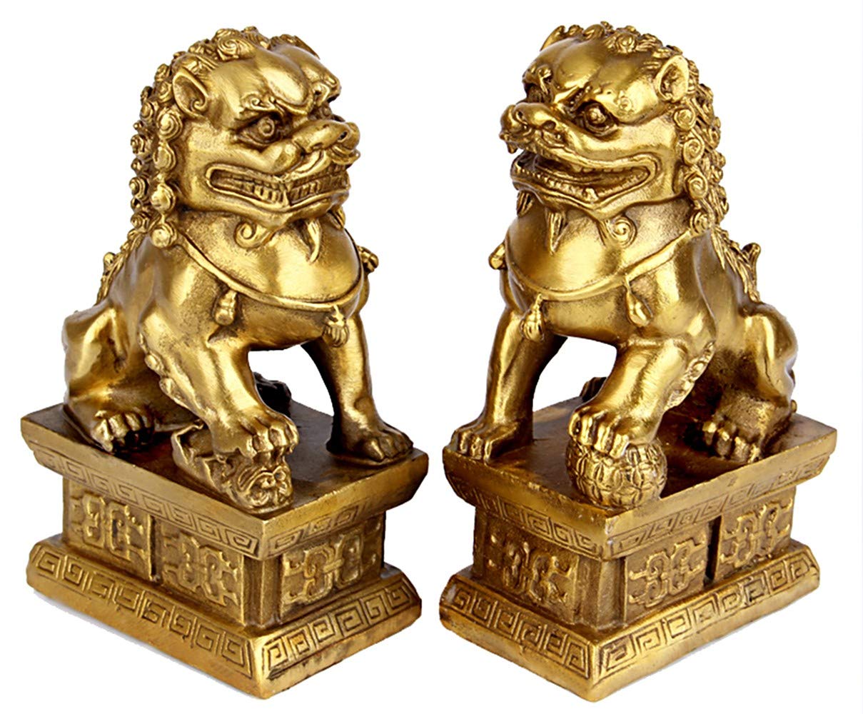 Feng Shui Statua in ottone Leone Ricchezza Porsperità Ornamento Coppia di fu Foo Cani Guardiano Scultura, Leone Posizionamento per interni Decor Figurina Migliore Congratulazioni per l'inaugurazione