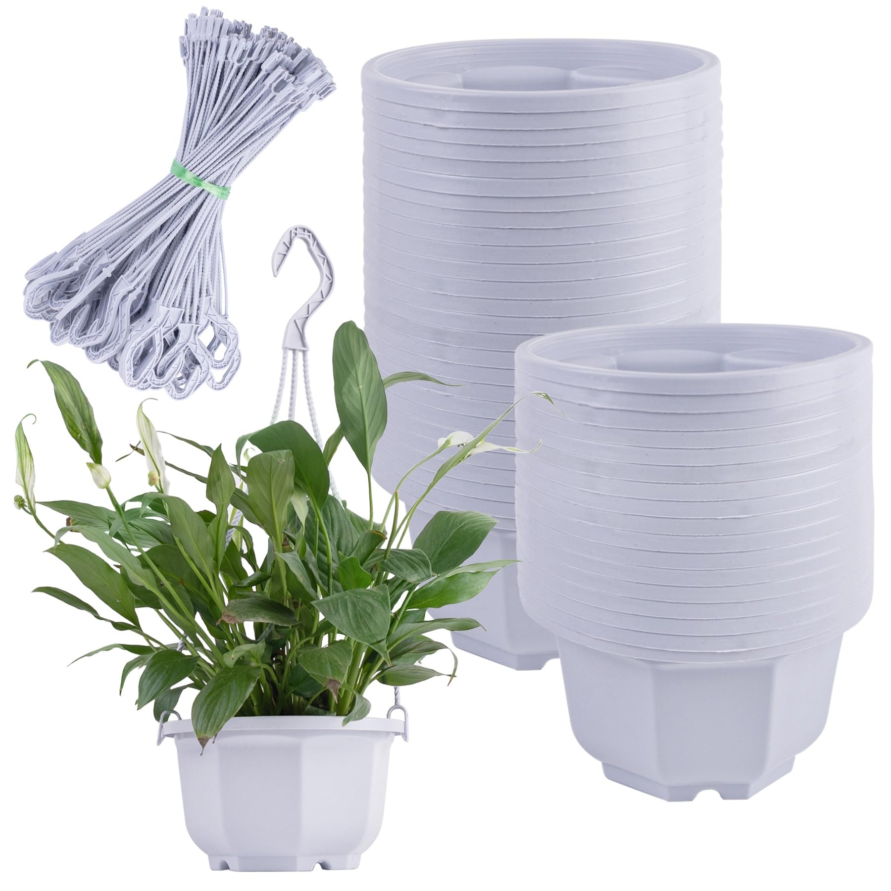 AUEAR, Lot de 50 cintres en plastique pour plantes à suspendre avec trous de drainage et crochets pour intérieur et extérieur Blanc