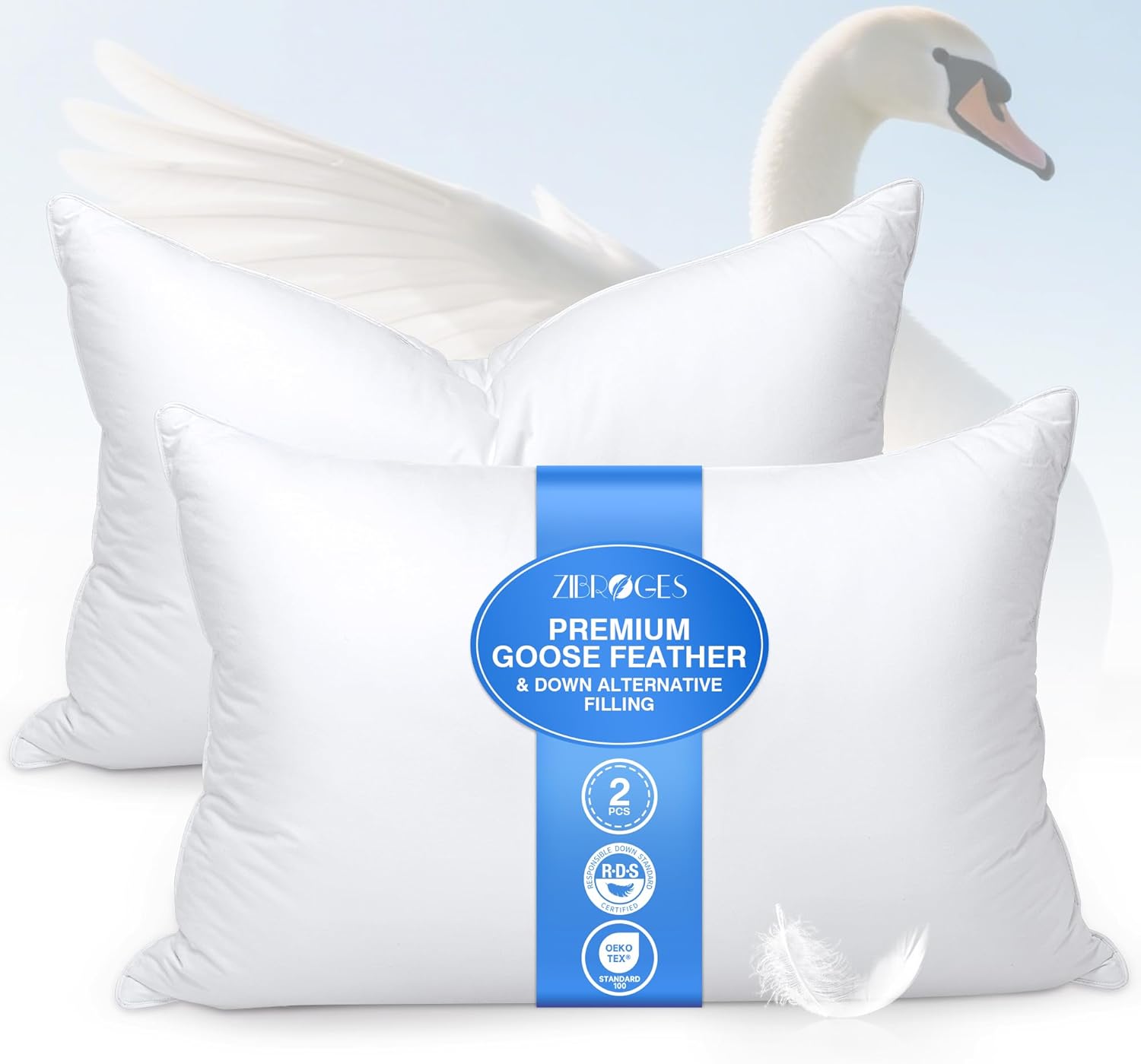 Set of 2 Queen Size Goose Down Feather Pillows