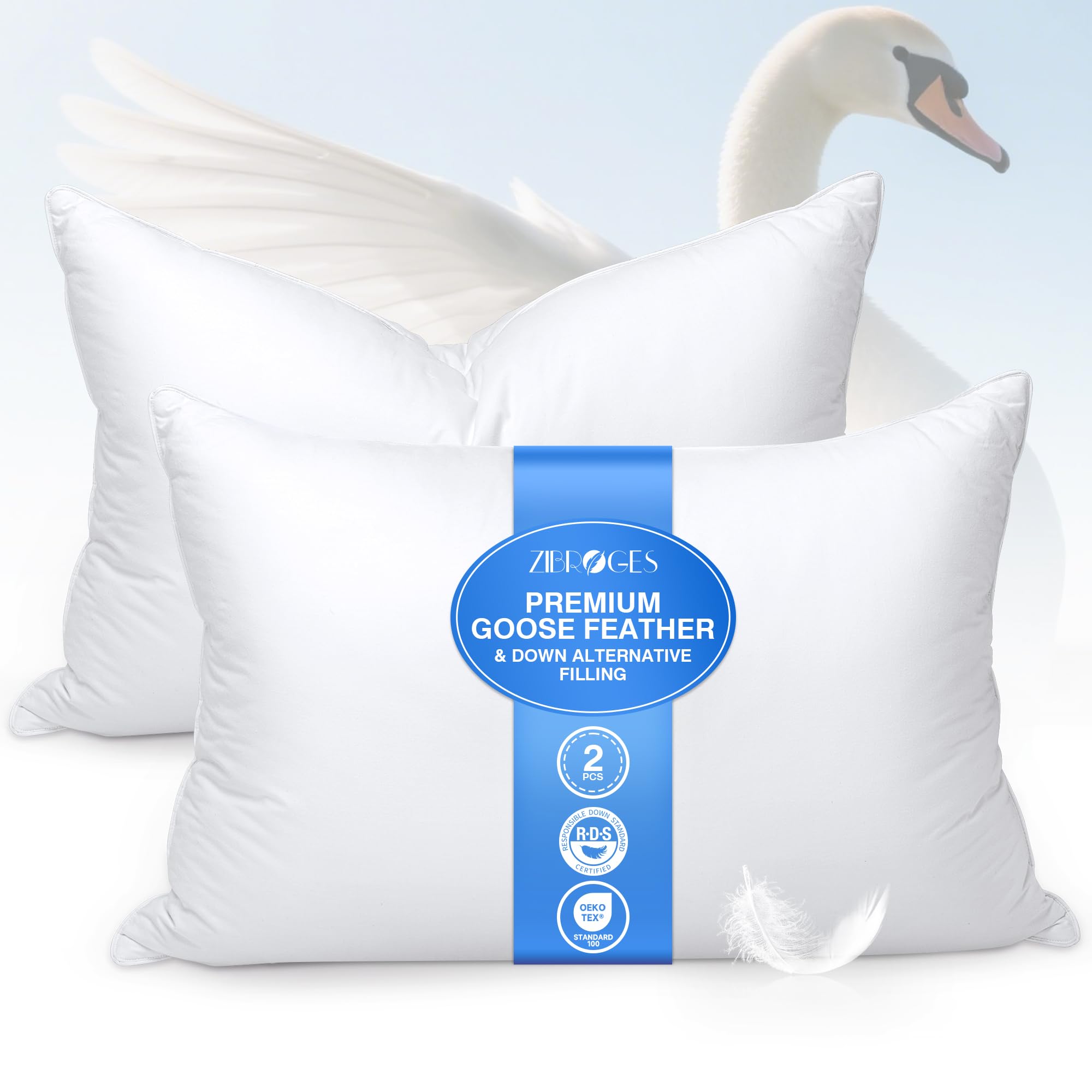 feather pillows queen size set of 2 - goose down hotel bed pillow for sleeping, soft 600 thread count cotton cover, fluffy support surround fill polyester for side, back, stomach sleepers