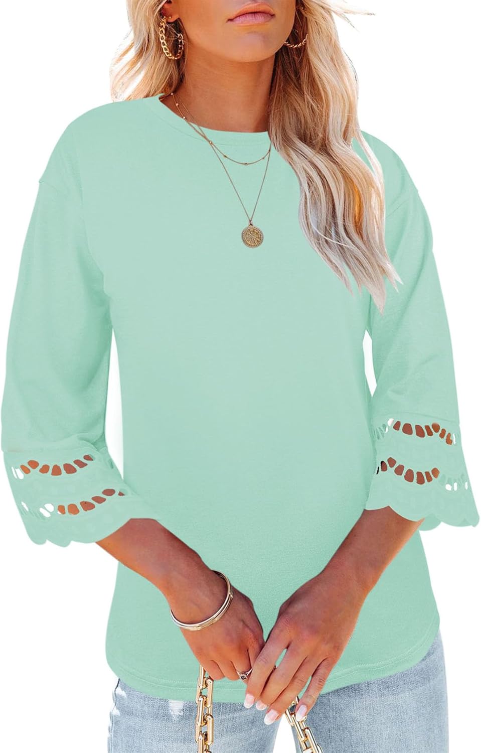 Yuccalley Women's 3/4 Lace Sleeve Summer T-Shirts Casual Round Neck Loose Fit Tee Tops