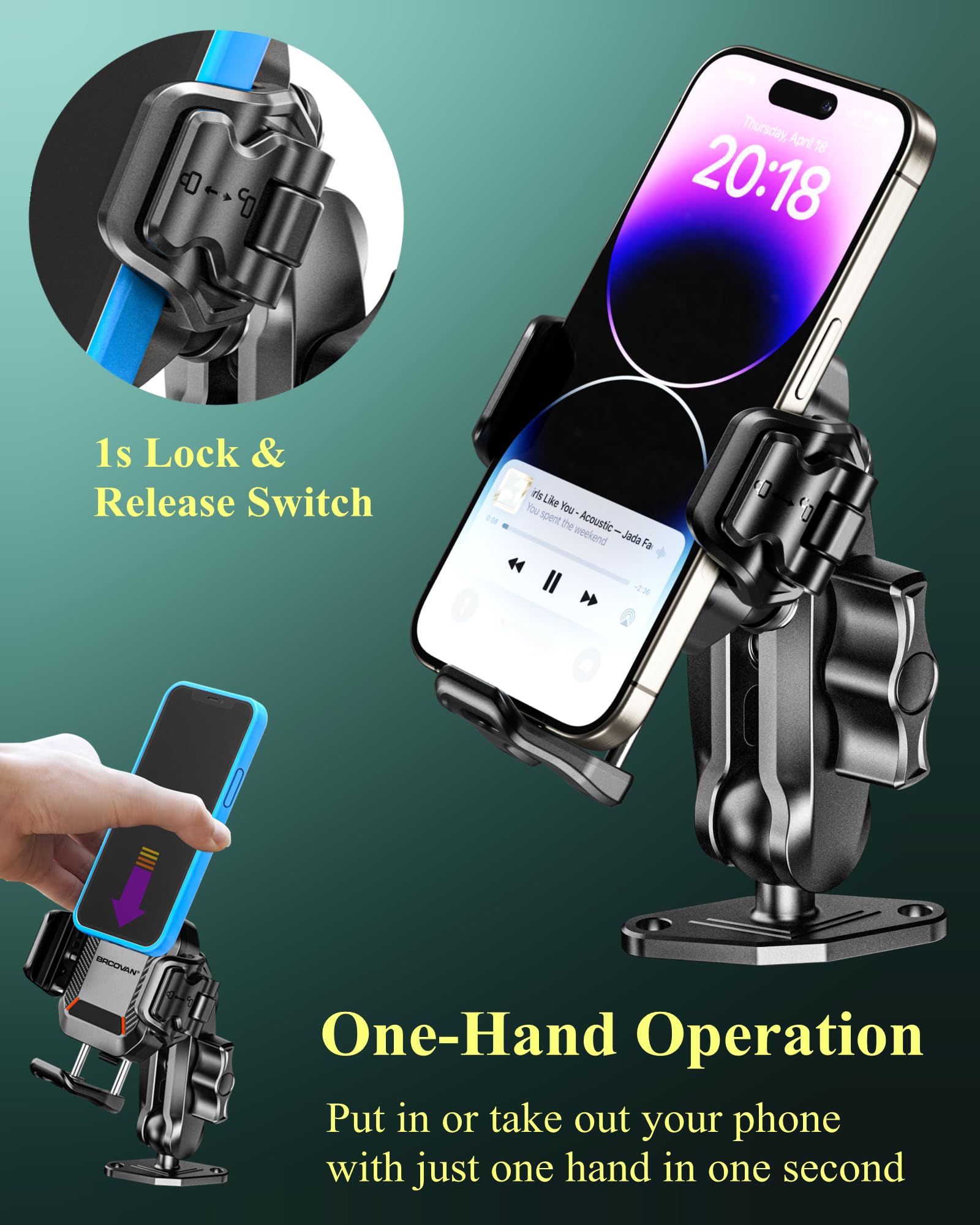 RCOVAN Handyhalterung mit Vibrationsdämpfer und 1-Sperrschalter | mit Diamant Aluminiumbasis und Arm, für Auto, Boot, Lkw, Motorrad und UTV, für Smartphones von 5,4 bis 7,2 Zoll