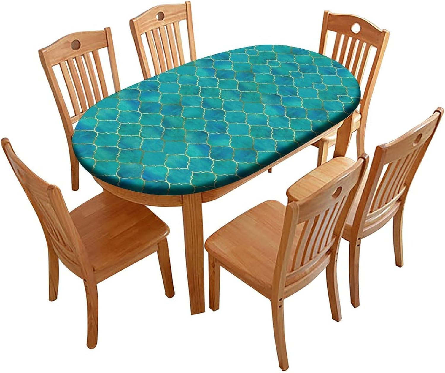 Elastic Edge Fitted Oval Table Cloths, Cyan Geometric