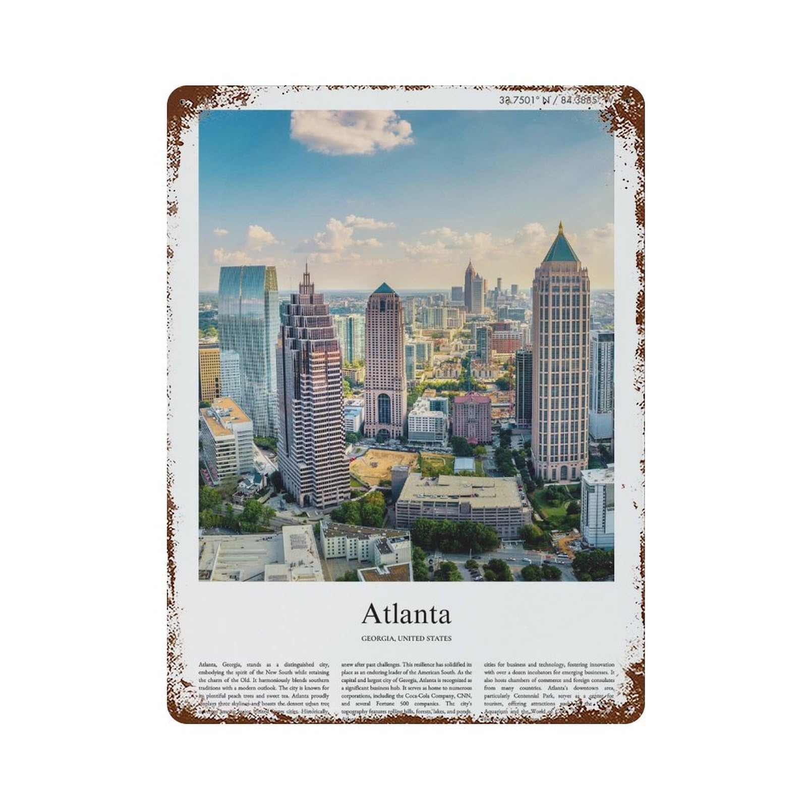 xiaoxiaoshen Atlanta Georgia, United States, USA City Scenery Wall Decor Art Metal Tin Poster Modern Home Decor Art Home Bar Shop Decorations Vintage Sign 40x30cm