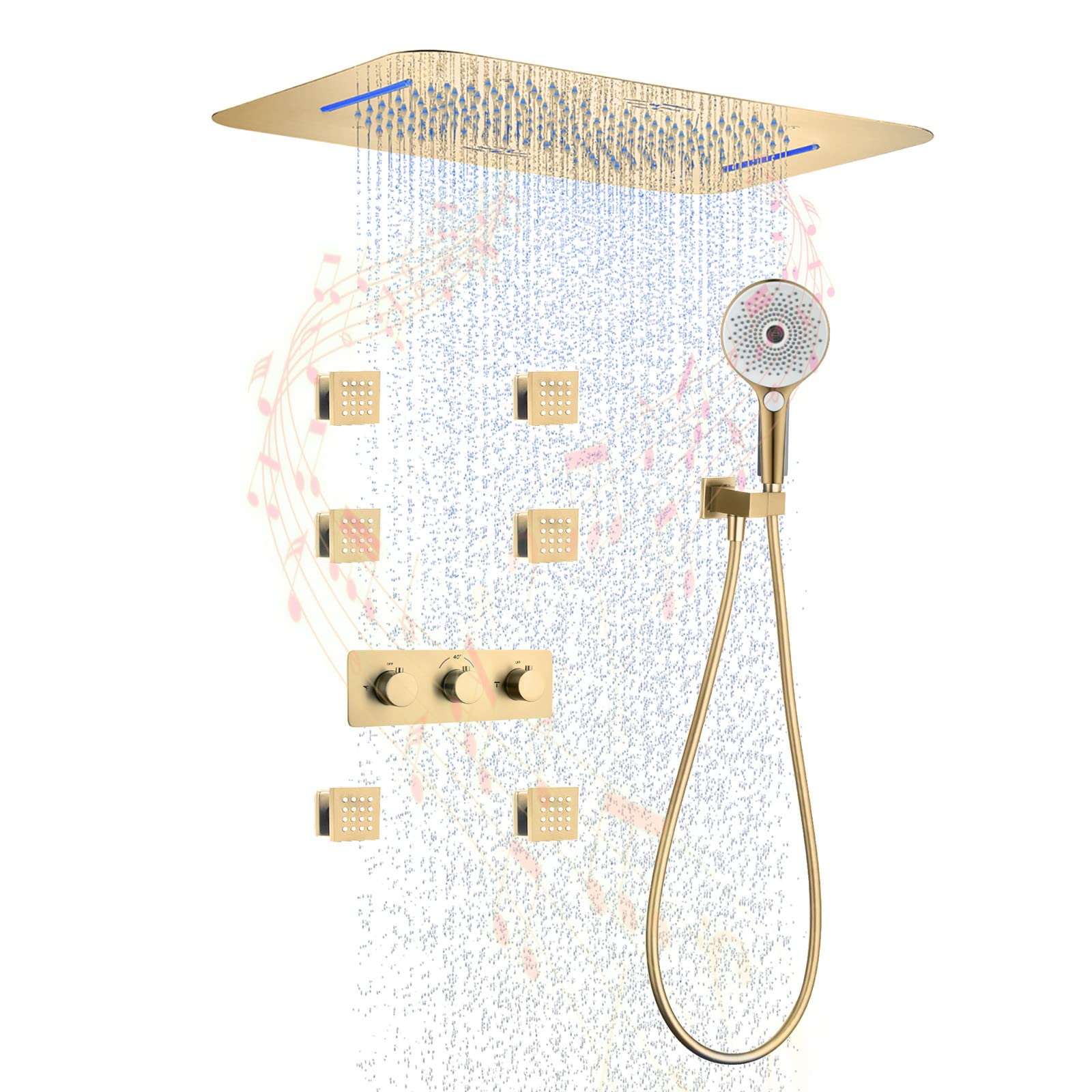 Termostatyczny system prysznicowy, zestaw prysznicowy z muzyką Bluetooth, 58 x 38 cm, system prysznicowy z deszczownicą ręczną, 6 zestawów armatury spa Body Combo
