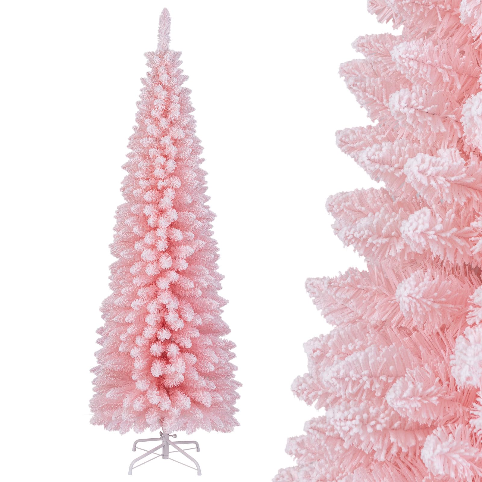 COSTWAY künstlicher Weihnachtsbaum Bleistift, 180 cm Tannenbaum mit Schnee, Christbaum mit 460 Zweigspitzen & klappbarem Metallständer, schlanker Kunstbaum Weihnachten für Zuhause, Büro (Rosa)