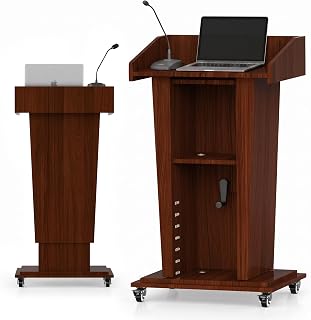 Wooden Podium with Wheels, Height Adjustable Mobile Lectern 41"-55" | Hand Crank Adjustable Design with Storage Shelves for Churches, Schools, Classrooms, Auditoriums & Presentations, Dark Brown