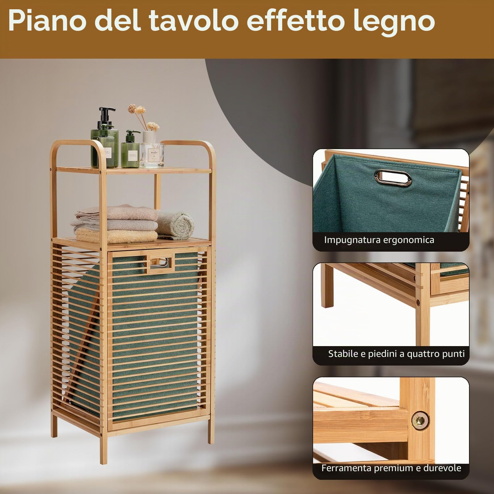 HOMASIS Grande mensola da bagno con 2 ripiani e cesto portabiancheria rimovibile, capacità 40,5 x 33 x 95,5 cm, capacità 40,5 x 33 x 95,5 cm