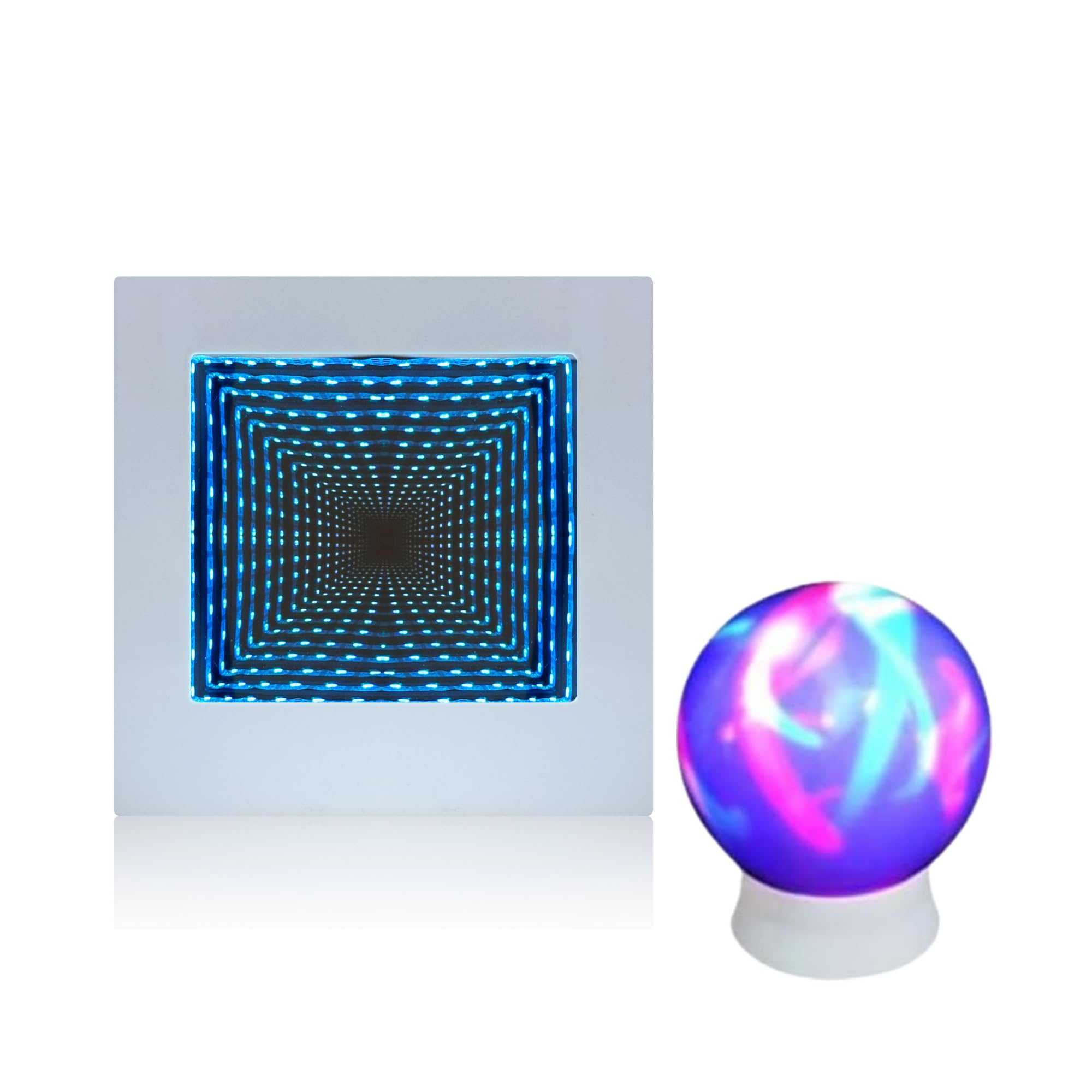 Playlearn Sensory LED Infinity Mirror Tunnel Light - 22cm Square, 7cm Mood Sphere, USB Adaptor for Home Decoration