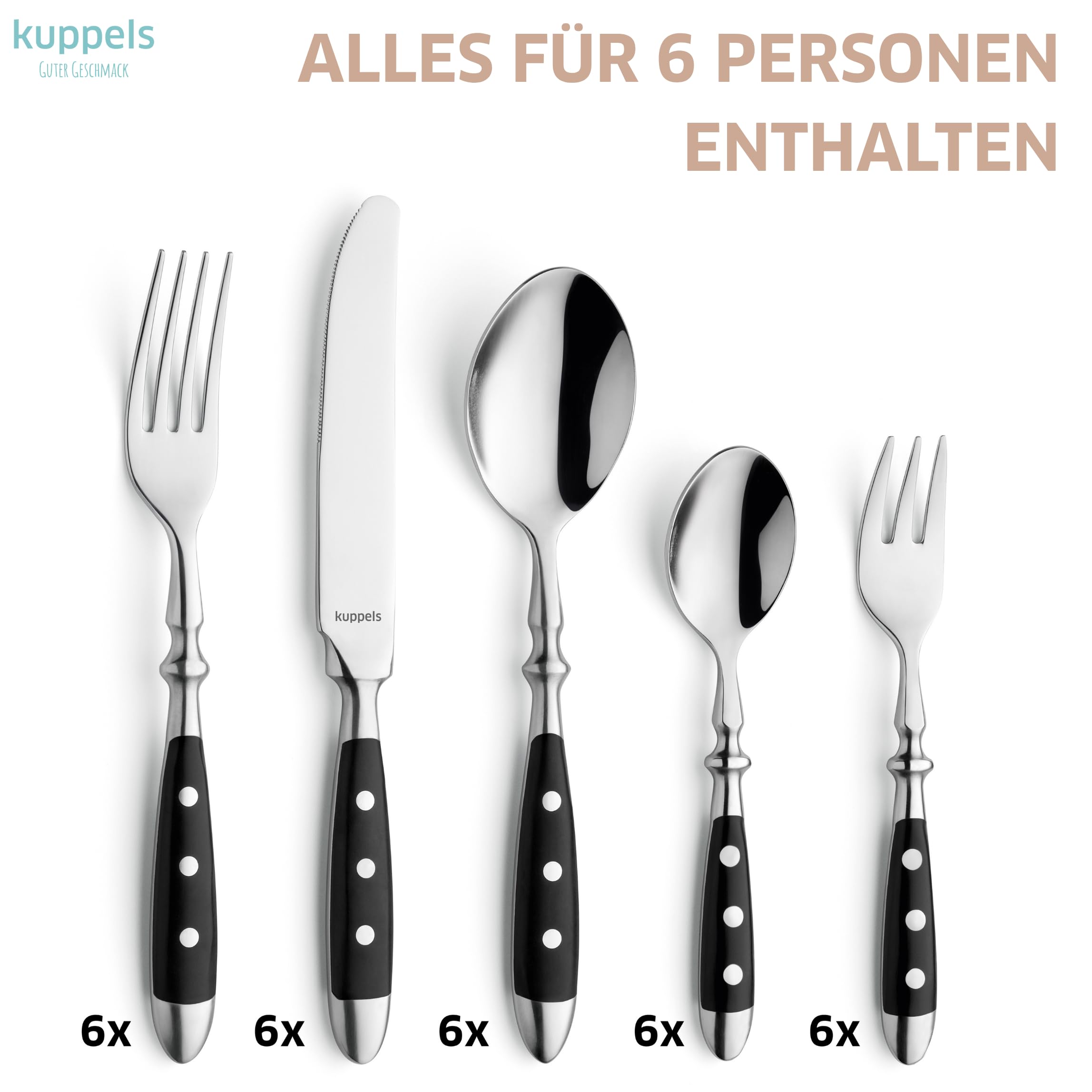 Kuppels COUNTRY Besteck Set 30-teilig, schwarze Kunststoffgriffe genietet | Edelstahl 18/0, hochglanzpoliert und spülmaschinenfest – rustikales Landhaus-Besteck ideal für 6 Personen