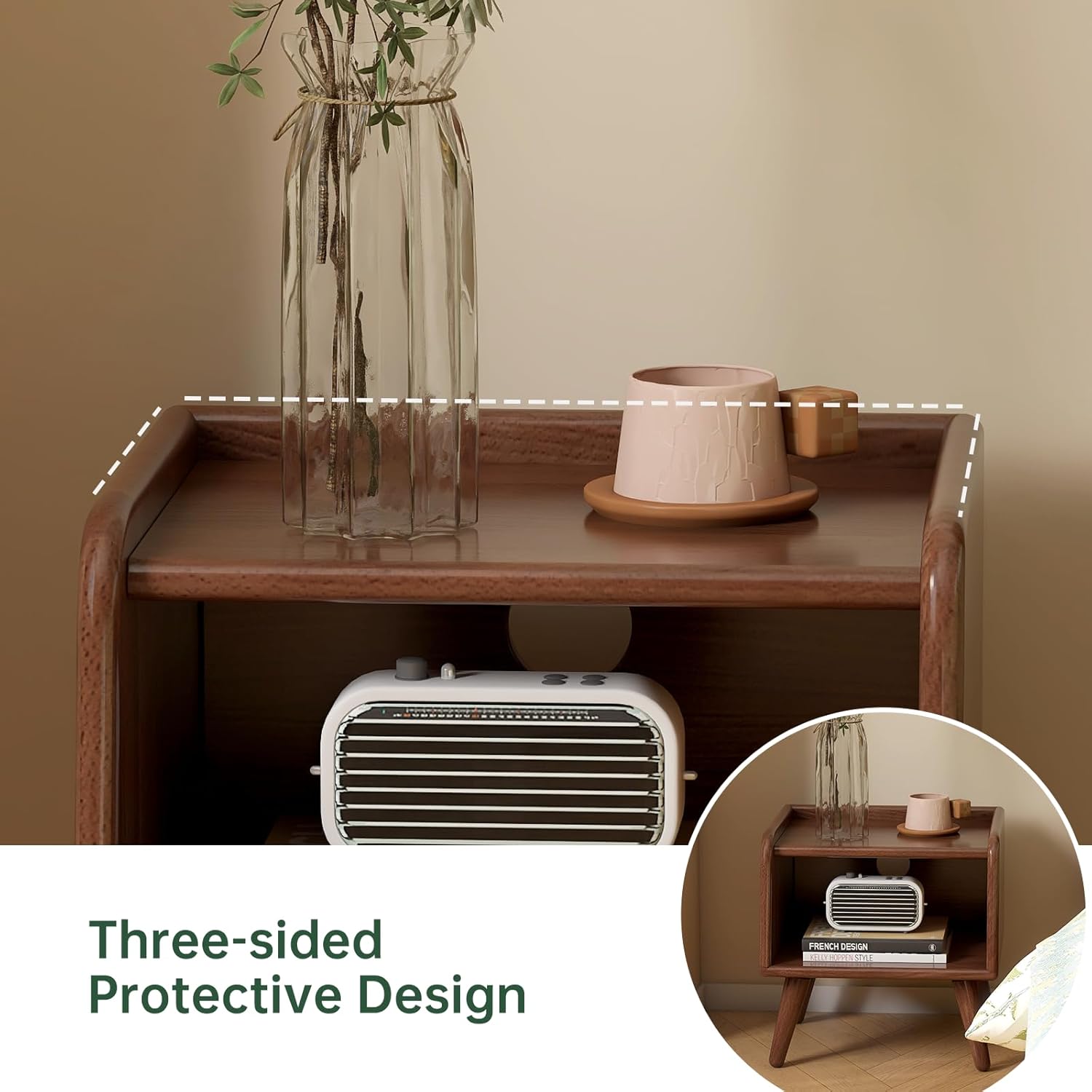 Solid Wood Nightstand, Mid Century Modern Night Stand, Wood Side Table, Small Bedside Table with Open Shelf, Low Nightstand, Short Nightstands for Bedroom(Walnut, 15.75" H)