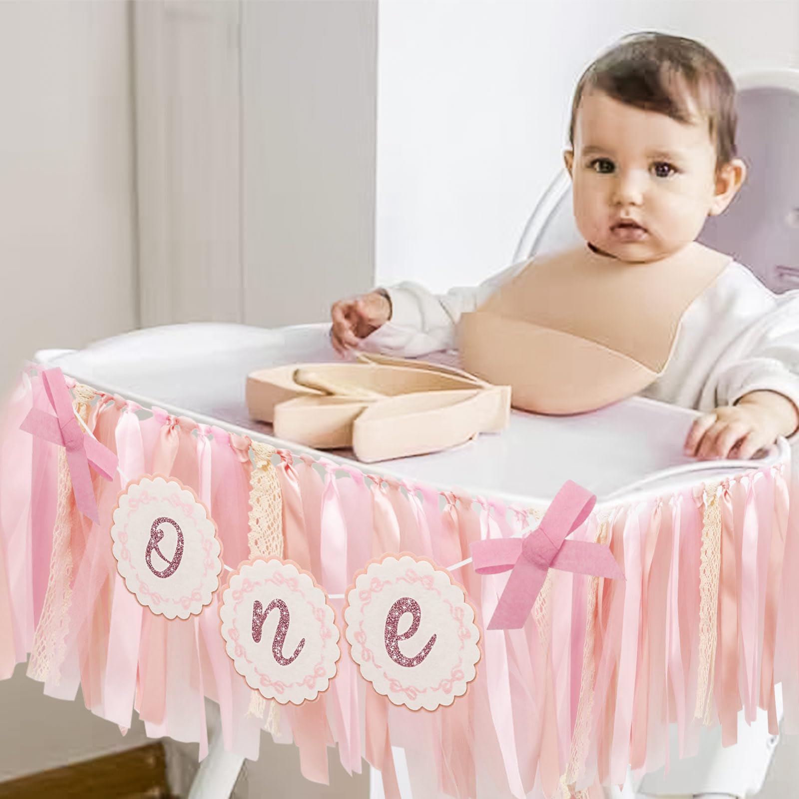 Rosa Schleifen Hochstuhl-Banner Für 1. Geburtstag – 198x20 Cm, Rosa-weiß Kariert, Mit Quasten, Für Mädchen-Partys