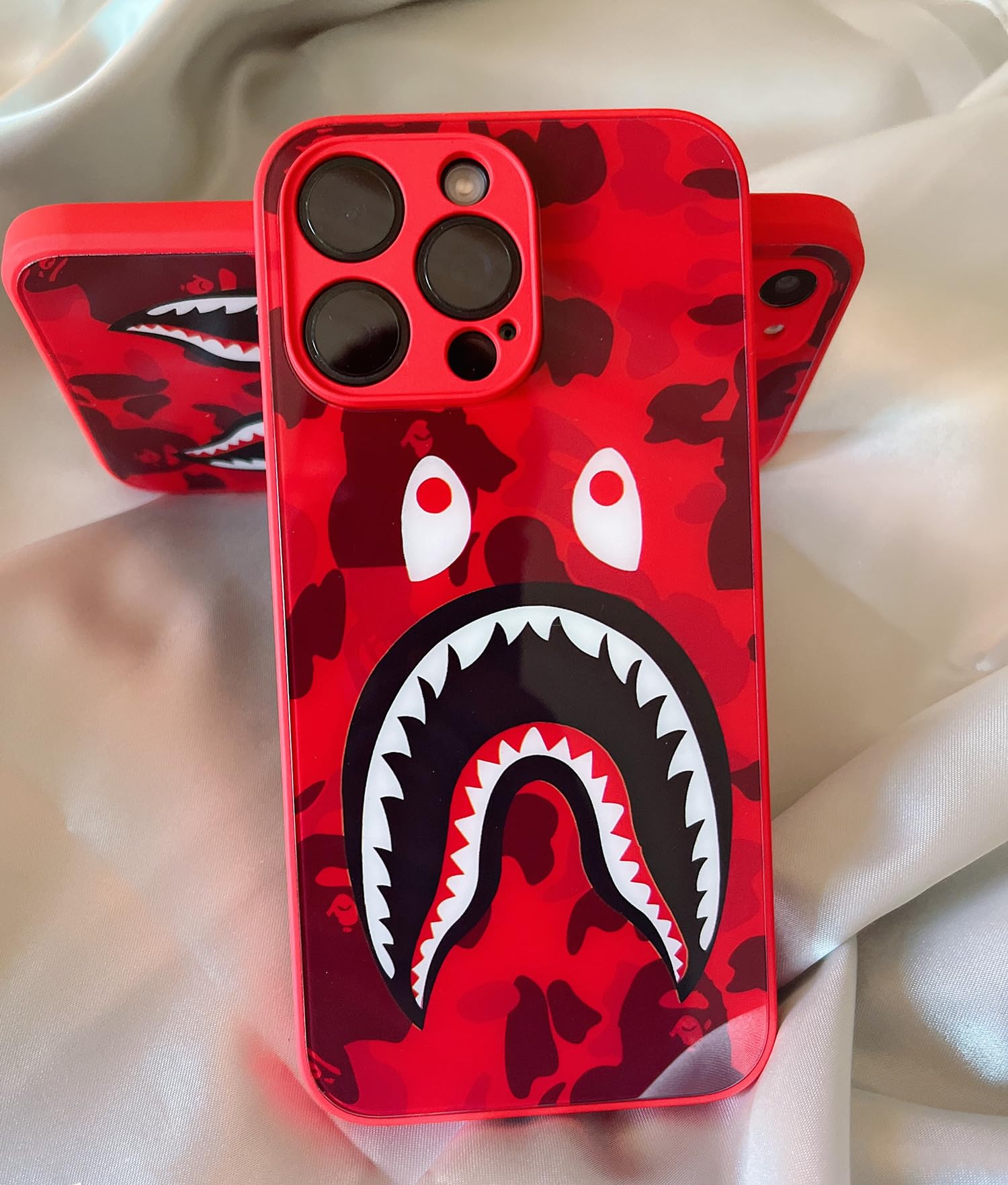 Cool Phone Case for iPhone 15 Pro Max 6.7-Inch case for Boys Men Aesthetic Street Shark face Design Shockproof Designer Liquid-Tempered Case Full Body Drop Protection 15 Promax Case (RED-U)