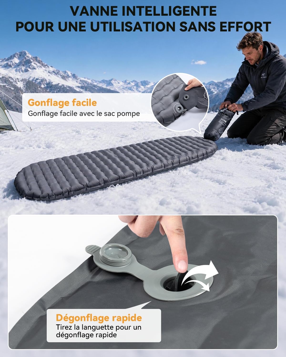 HIKENTURE 460g Matelas de Camping Ultra-léger, R-Valeur 4 - avec Sac Pompe | Compact et Léger, 8 cm Ultra-confort, pour 4 Saisons - Matelas Camping 1 Place pour Randonnée, Trekking, Bivouac - 186 x 55cm