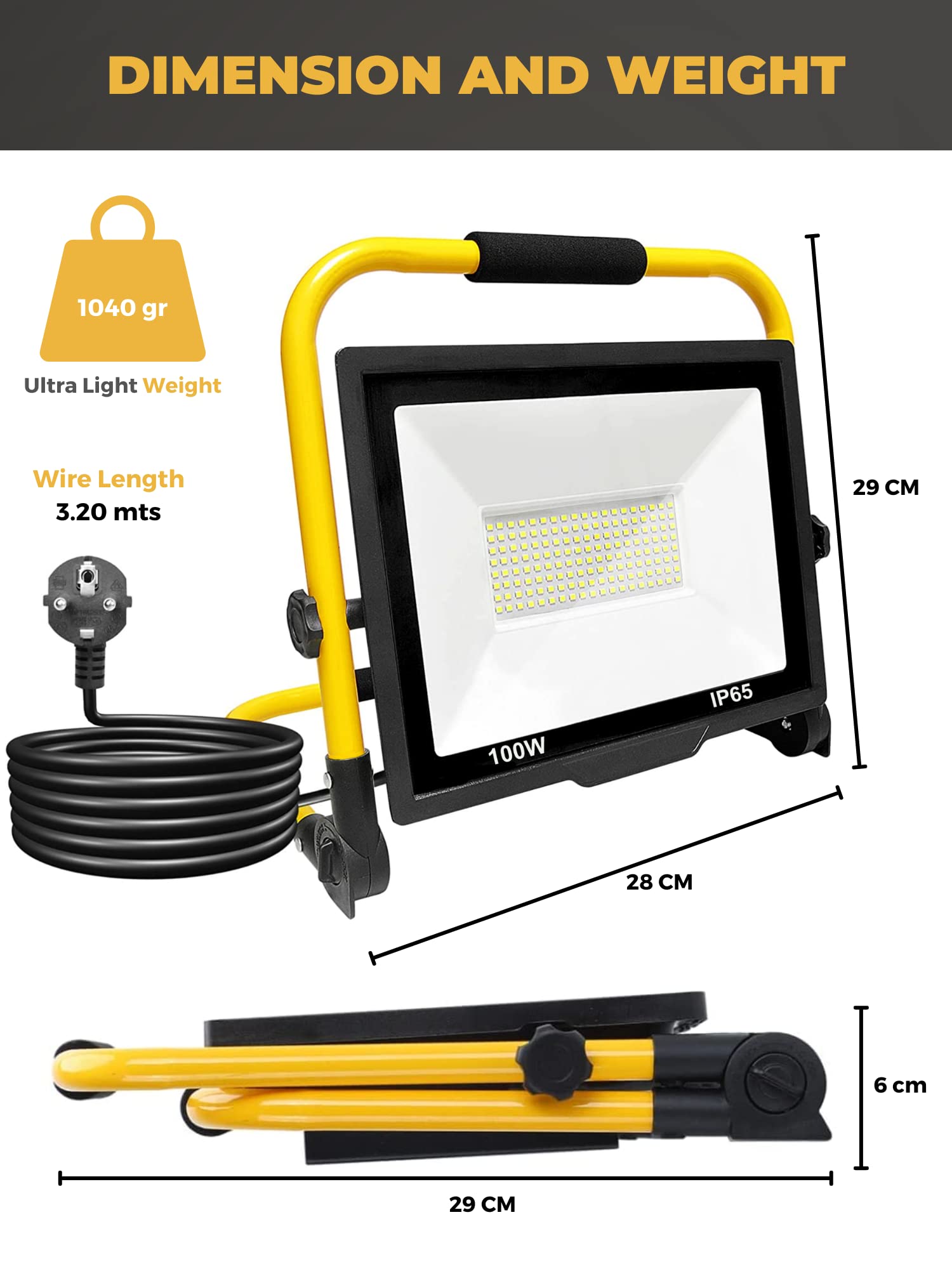 Projecteur de Chantier 100W, Lumière de Travail 152 LEDs, Projecteur Blanc 6000K, 10000LM, Panneau Rotatif à 360º, étanche IP65, Pliable, Câble de 3 m. Eclairage Extérieur, Atelier, Travail, Garage.