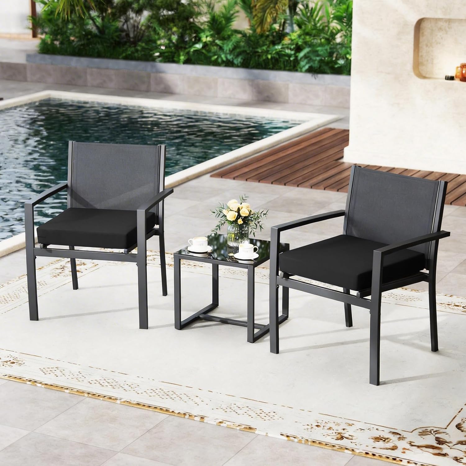 GUHER Outdoor Chair Cushions Set of 6,Waterproof Patio Cushions for Outdoor Furniture with Ties,Memory Foam Outdoor Seat Cushion,18.5"x16"x3",Black