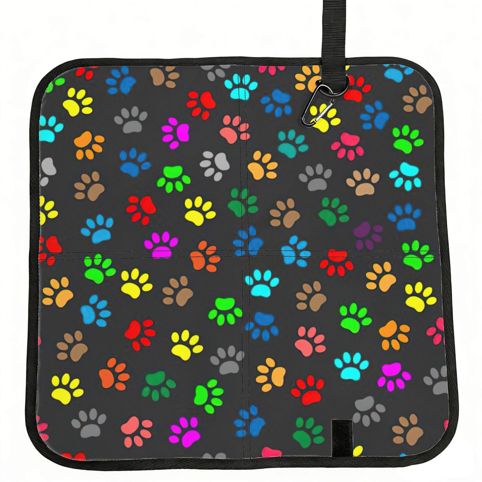 SDEGTHO Colorful Dog Paw Print Black Printed Foldable Seat Pad with Closure, Lightweight Cushion for Airplane Travel Camping