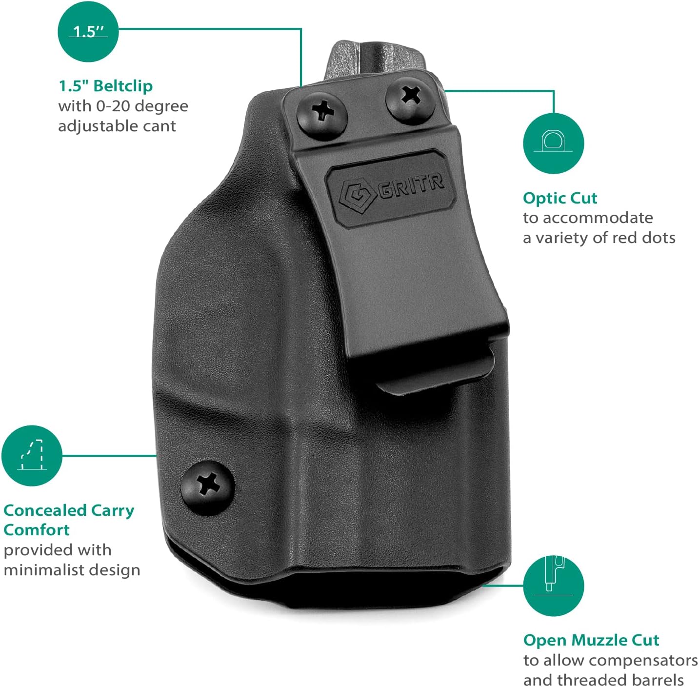 GRITR IWB Kydex Right/Left Hand Gun Holster Compatible with Springfield Armory Hellcat/RDP/OSP with 1.5" Belt Clip, Open Bottom, Optic Cut, Adjustable Retention