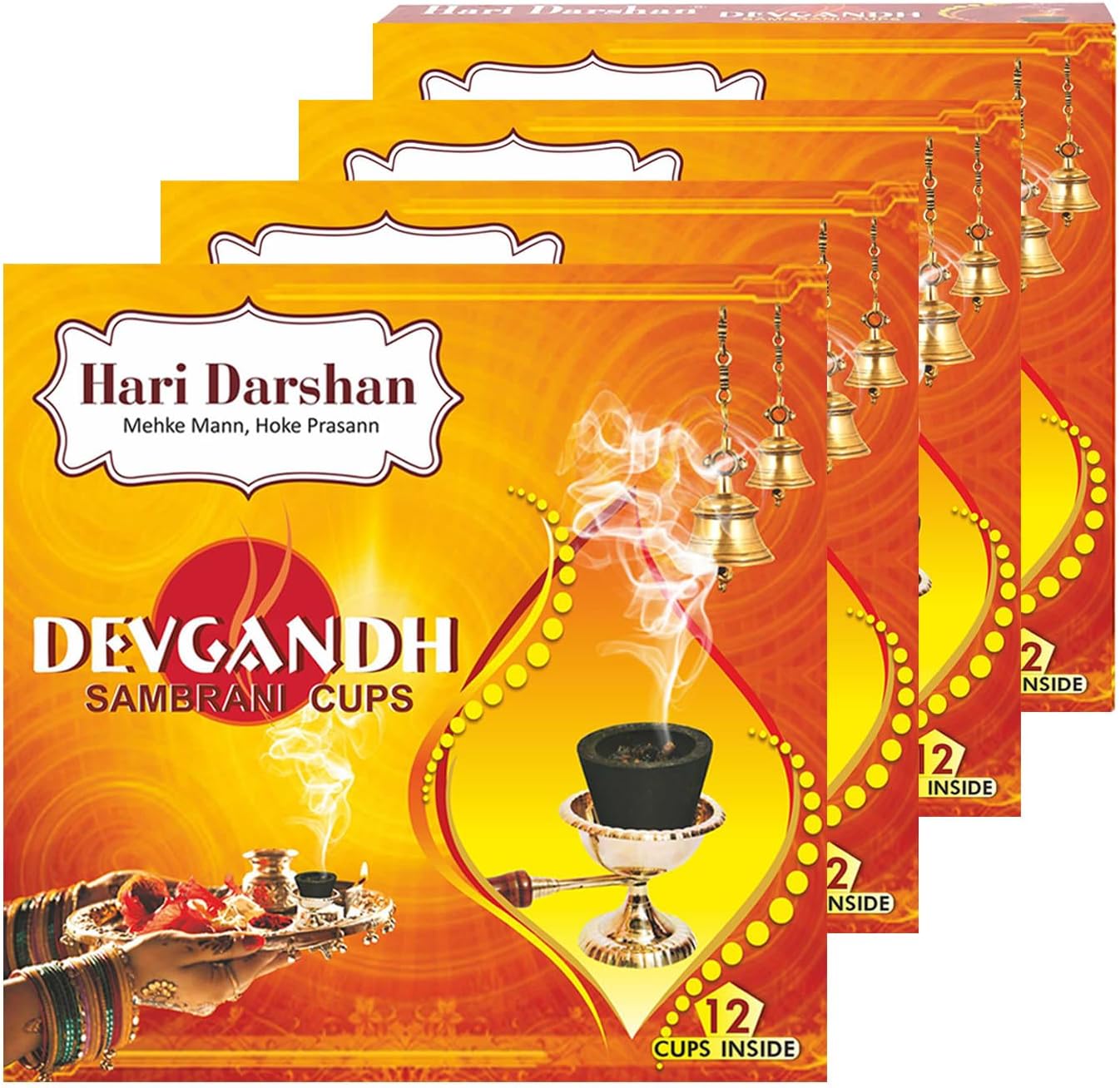 Hari Darshan Devgandh Sambrani Cup | Natural & Pure Aromatic Loban & Guggal for Pooja & Havan | Traditional Organic Fragrance for Spiritual Rituals | Pack of 4 (12 Cups Per Pack) - 48 Cups