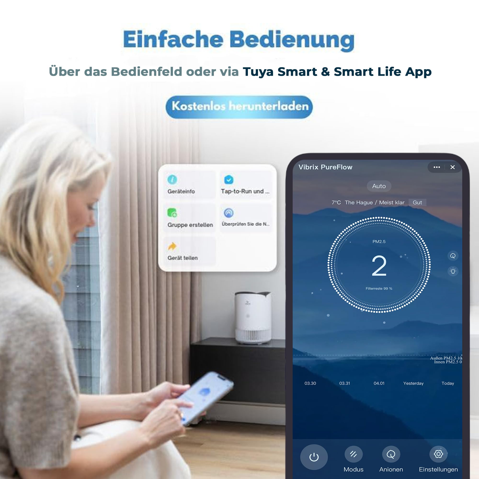 PureFlow30 Luftreiniger Allergiker, HEPA H13 Filter & Ionisator, 180m³/h CADR, Entfernt 99,95% Staub, Pollen & Allergene, Flüsterstill 25dB, App-Steuerung Luftreiniger Ideal für Räume bis 30m²