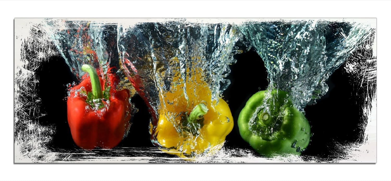 Wallario Wandbild aus Holz Paprika-Mix - frische Paprika in rot, gelb und grün im Wasser - 50 x 125 cm in Premium-Qualität: Brillante Farben