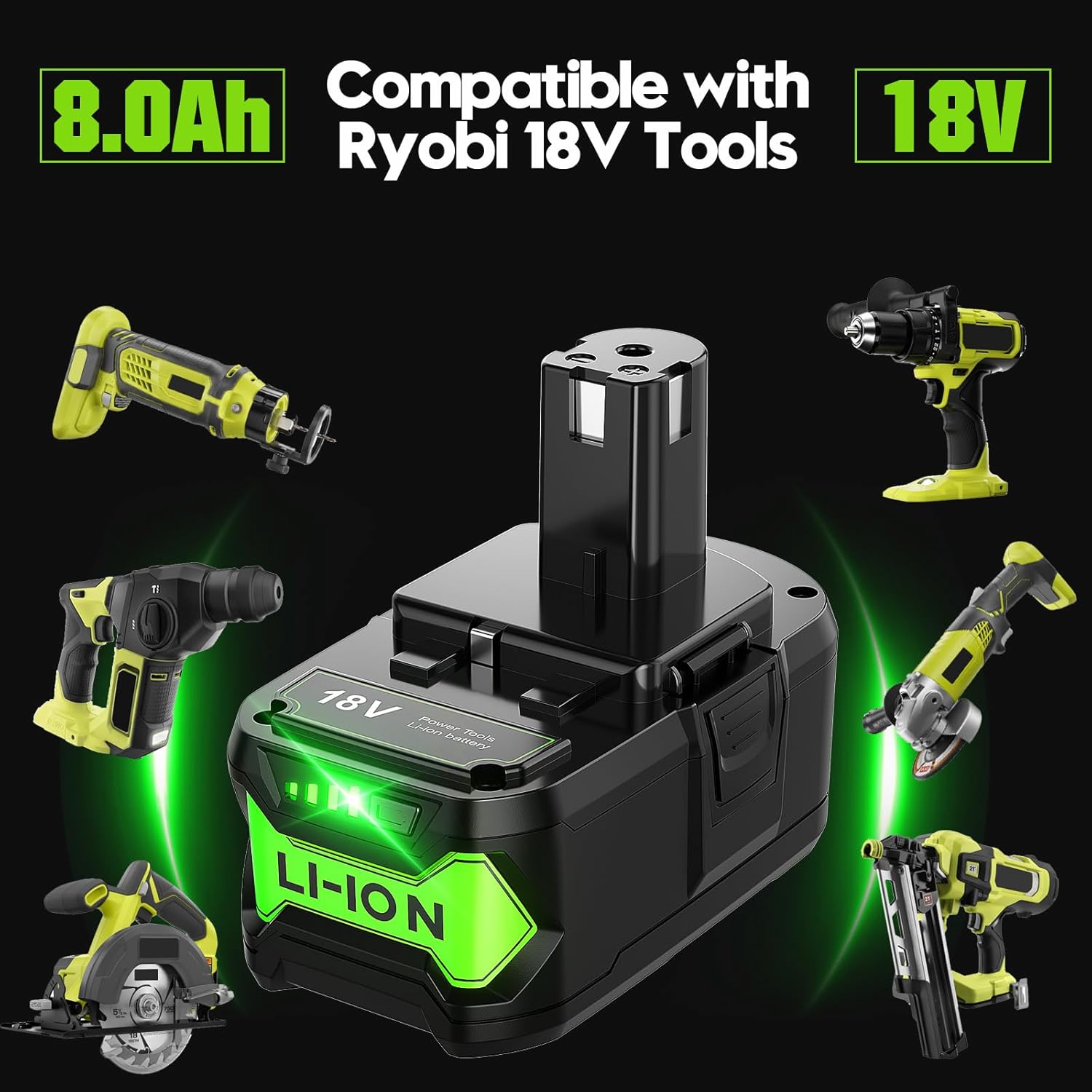 Bonadget New 8.0Ah 18V Battery and Charger Combo for Ryobi 18V Lithium-ion P102 P197 P108 P189 P190 P100 ONEPLUS 18Volt Battery and Charger Kit for Ryobi - Image 6