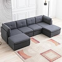 Vista 8 de Sofá modular seccional, sofá convertible en forma de U con otomanas extraíbles, diseño capitoné, sofá modular de 6 asientos para sala de estar, gris