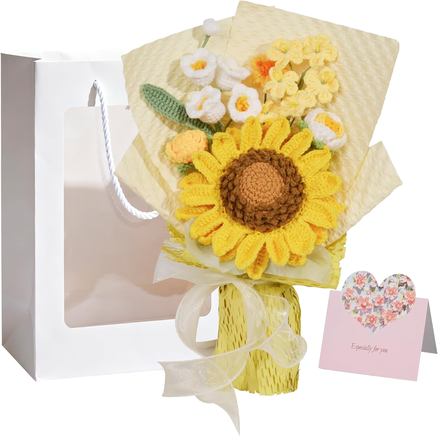 Yellow Crochet Flower Bouquet, Finished Handmade Milk Cotton Double-Layer Sunflower, Lily of The Valley and Forget-Me-Not, Forever Flowers for Graduation, Thank You Gift, with Gift Card
