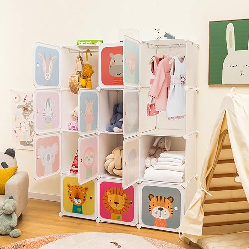 Miniatura 53 de HONEY JOY Armario para niños, organizador de almacenamiento de ropa de dibujos animados para bebés, 8 cubos y 2 secciones para colgar, armario
