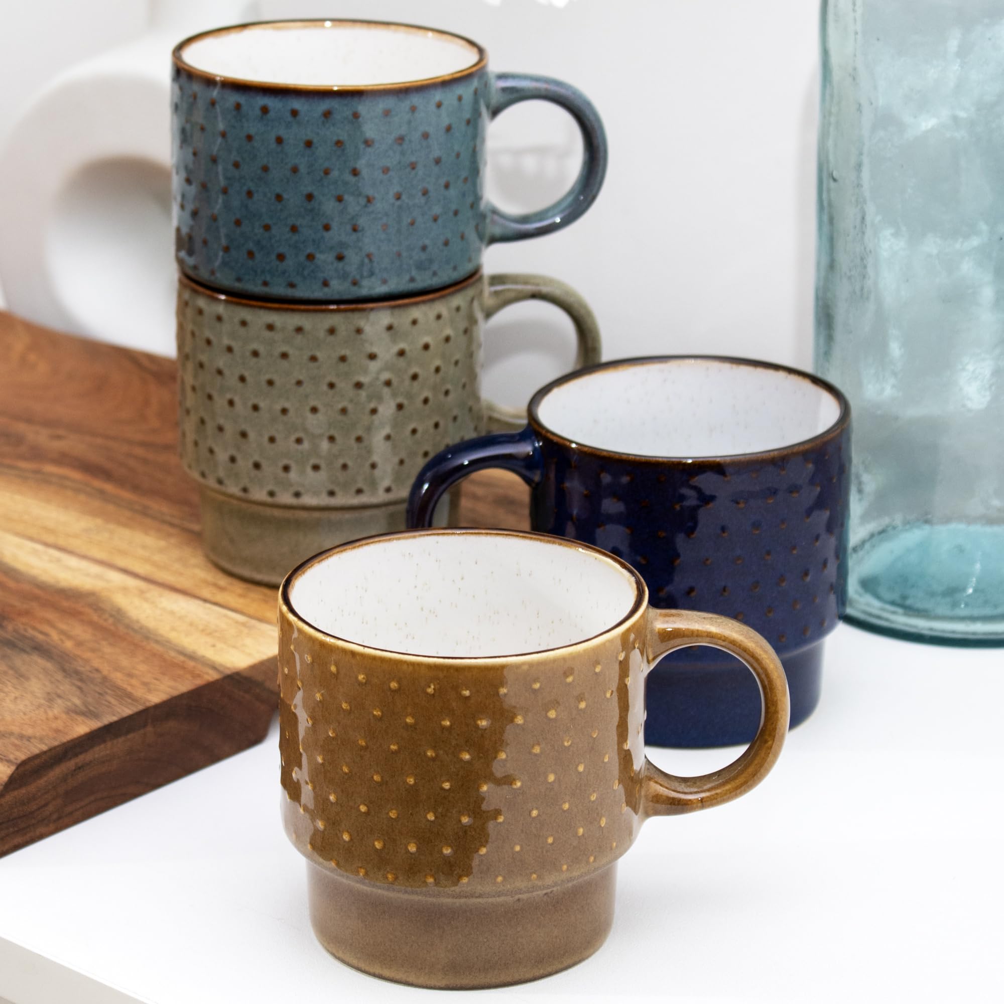 KitchenCraft Idilica Stackable Stoneware Mugs, Set Of 4 – 400ml, Multi-Coloured, Dishwasher & Microwave Safe