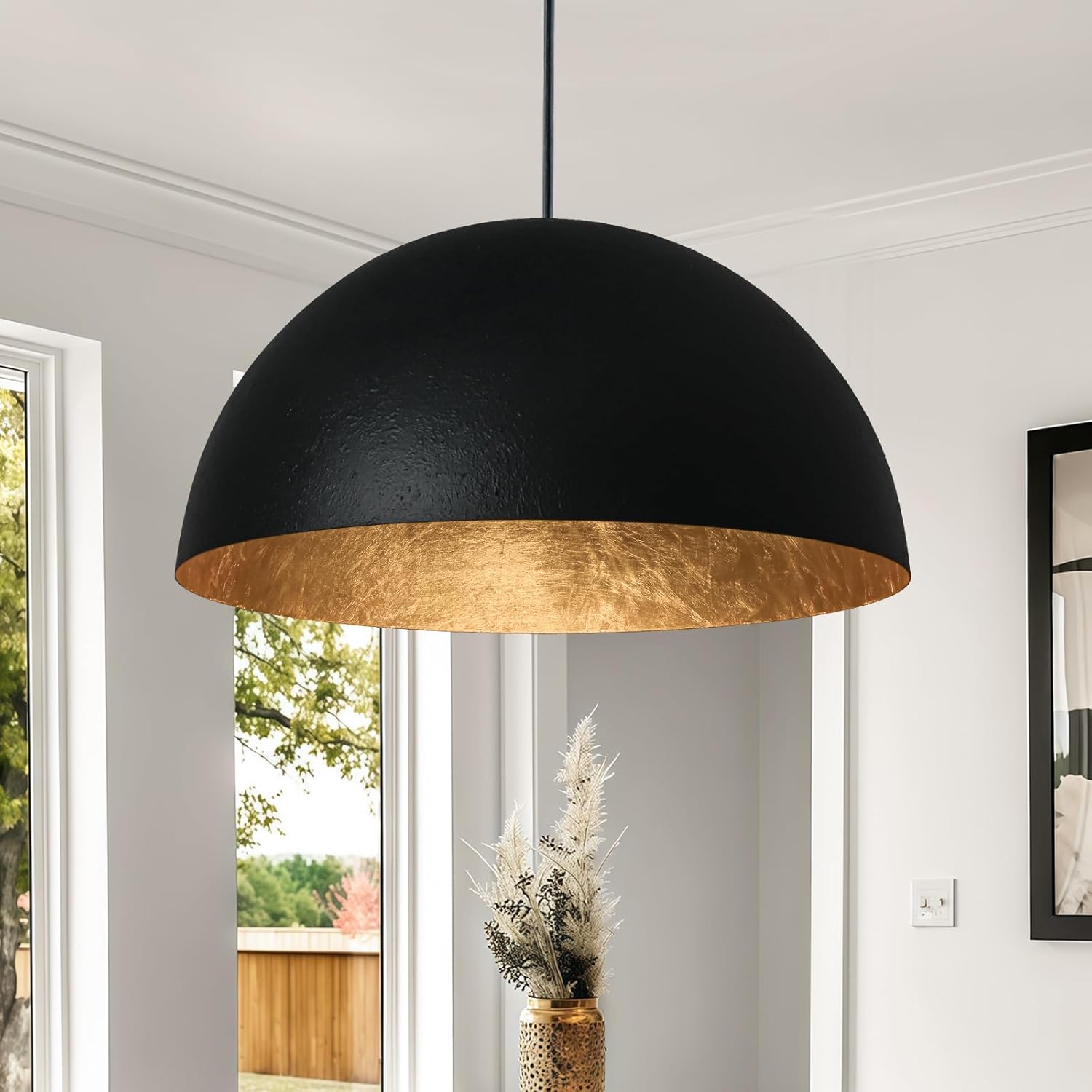 15 Inch Black and Gold Pendant Light, Bold Textured Matte Black Dome with Hand-Applied Gold Leaf Interior, Hanging Chandelier Fixture for Kitchen Island, Dining Room, or Bar