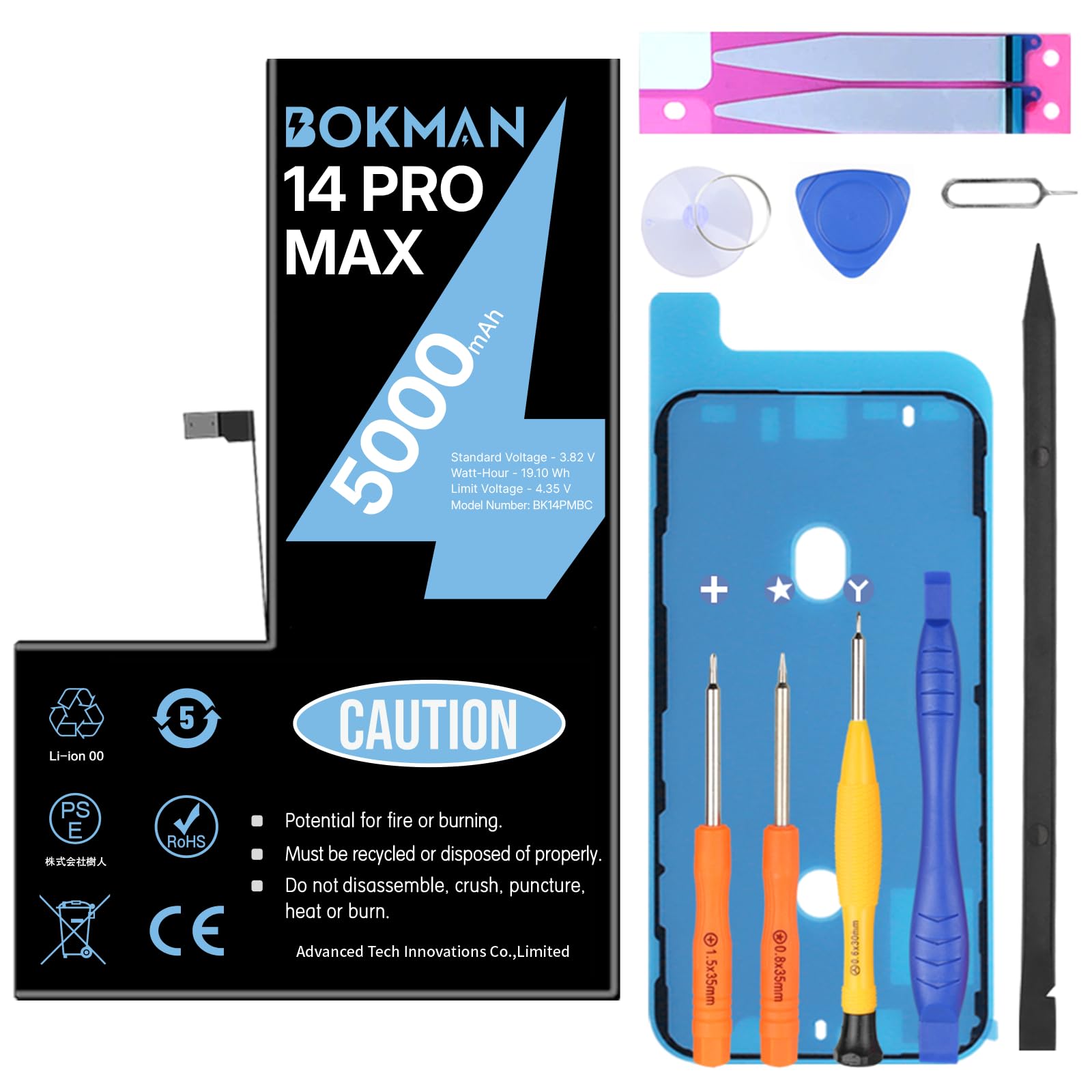 bokman Akku für iPhone 14 Pro Max, 5000 mAh, hohe Kapazität, Ersatzakku mit allen Sets