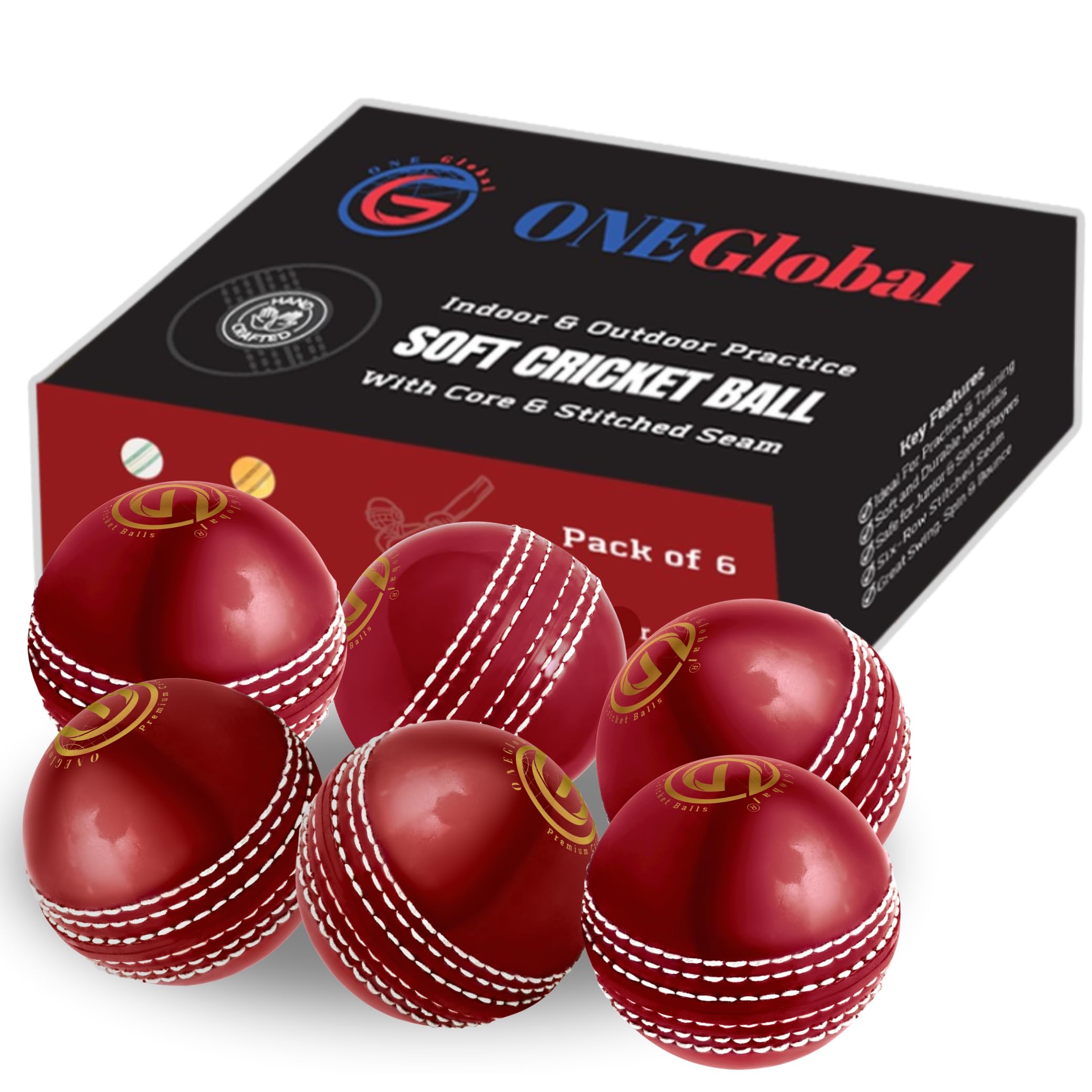 ONEGlobal Incrediball Junior Soft Practice Cricket Ball | Outdoor & Indoor Rubber Cricket Ball With Core & Stitched Seam | For Practice, Training & Family Fun | Senior & Junior Size (6 Red, Junior)