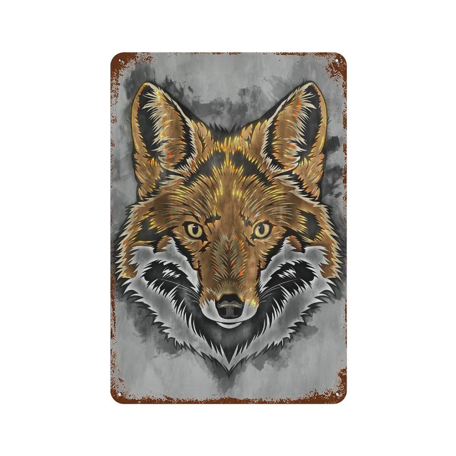 Fox Rust Effect Tin Sign 11.8"x7.9", Industrial Home Decor for Basement, Hobby Room And Garage Decor