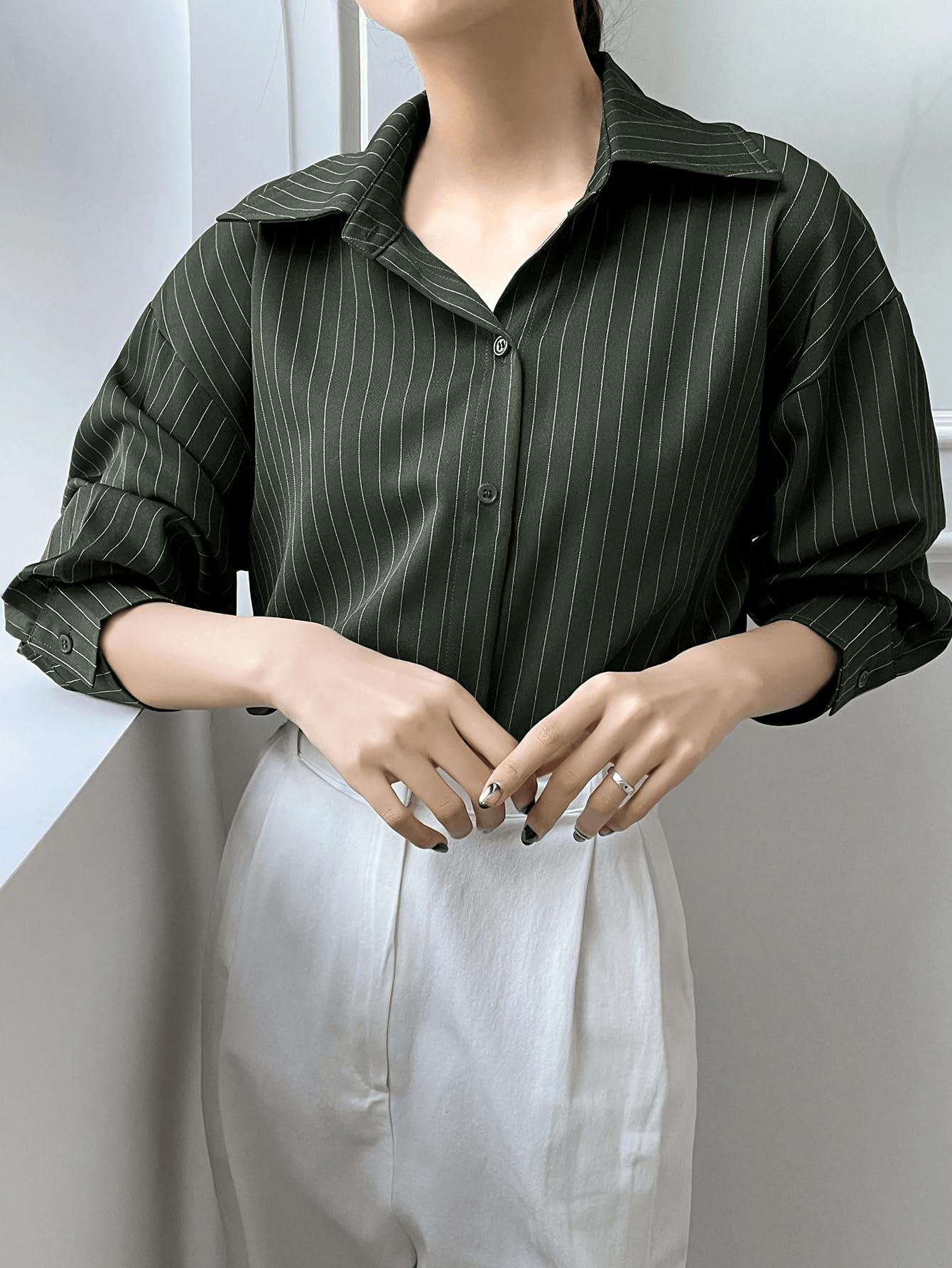 GRECIILOOKS Gestreiftes Damenhemd, koreanischer Stil, langärmelig, Übergröße, Knopfleiste, Bluse, Übergröße, für Büro, Freizeit