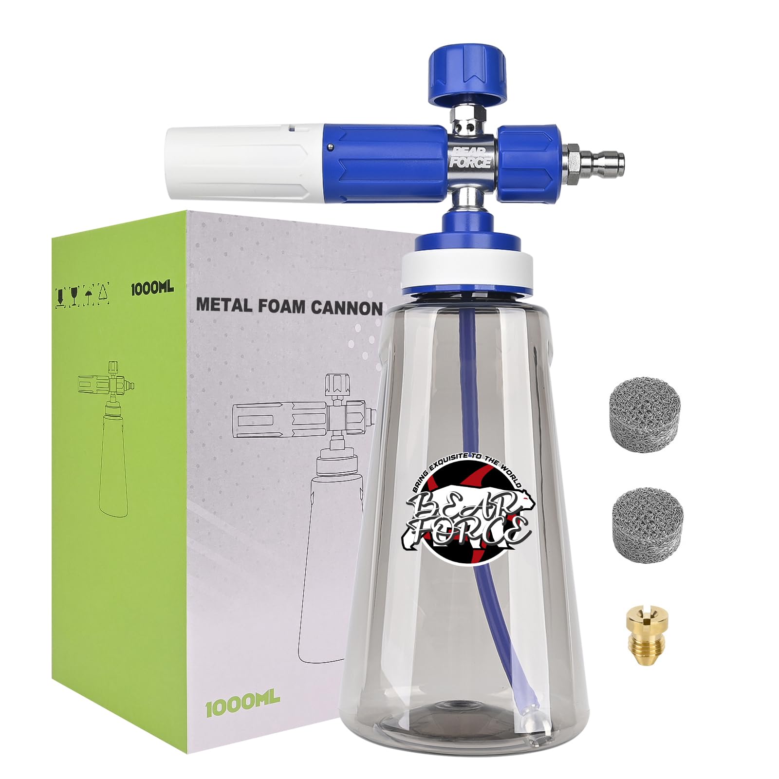 BEAR FORCE Cannone in schiuma aggiornato per idropulitrice da 1/4", connettore rapido con ugello spray regolabile a 360°, dispenser di sapone in schiuma da 1 l, con ugello spray regolabile di nuova
