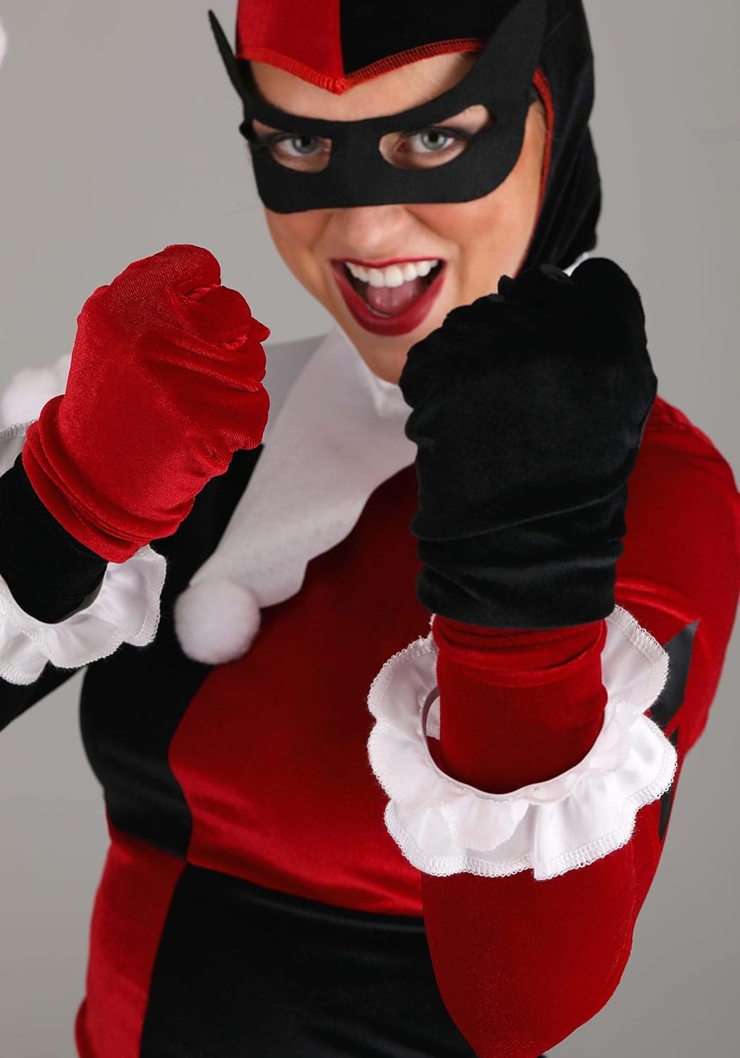 Deluxe Women's Harley Quinn Costume - DC Comics Harley Quinn Jumpsuit, Hood, Mask, Cuffs, Gloves & Boot Tops