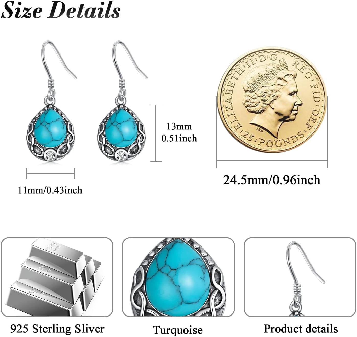 Turquoise Earrings 925 Sterling Silver Teardrop Dangle Earrings for Women Infinity Turquoise Dangle Vintage Earrings Western Bohemian Earrings Gifts for Women - Image 7