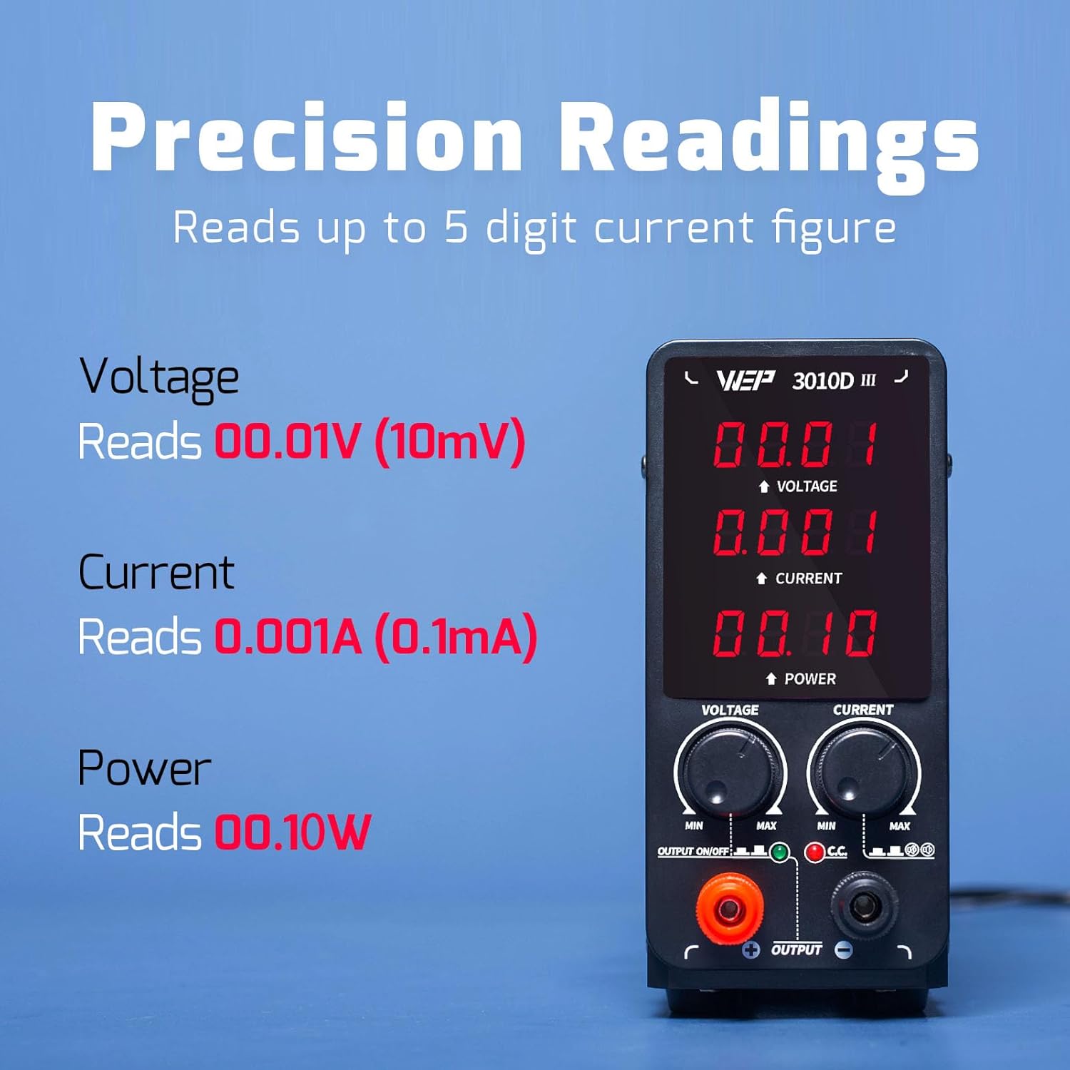WEP 3010D-III DC Variable Power Supply 30.00V 10.00A High Precision Bench Lab Power Supply with Alligator Clips for anodizing kit, Electroplating, arduino, breadboard