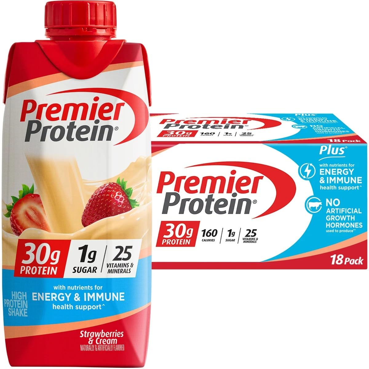 Premier Protein Shakes, Strawberries & Cream, 11 Fluid Ounce (Pack of 18)