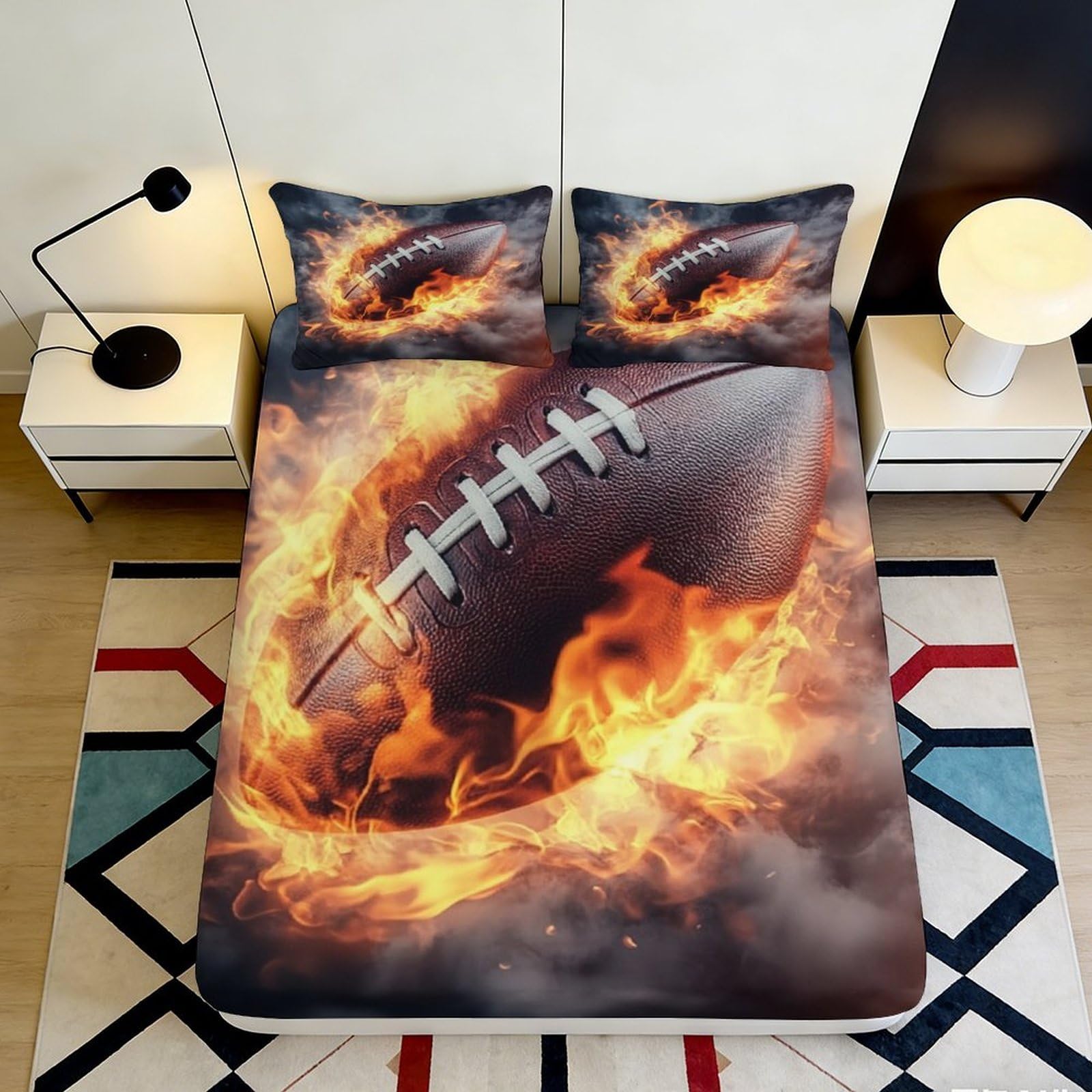 3D Printed Fire Football Fitted Sheet Microfiber Anti-Slip Orange Flame Bed Cover for Bedroom Dorm Mattress Protection 200x200x25cm