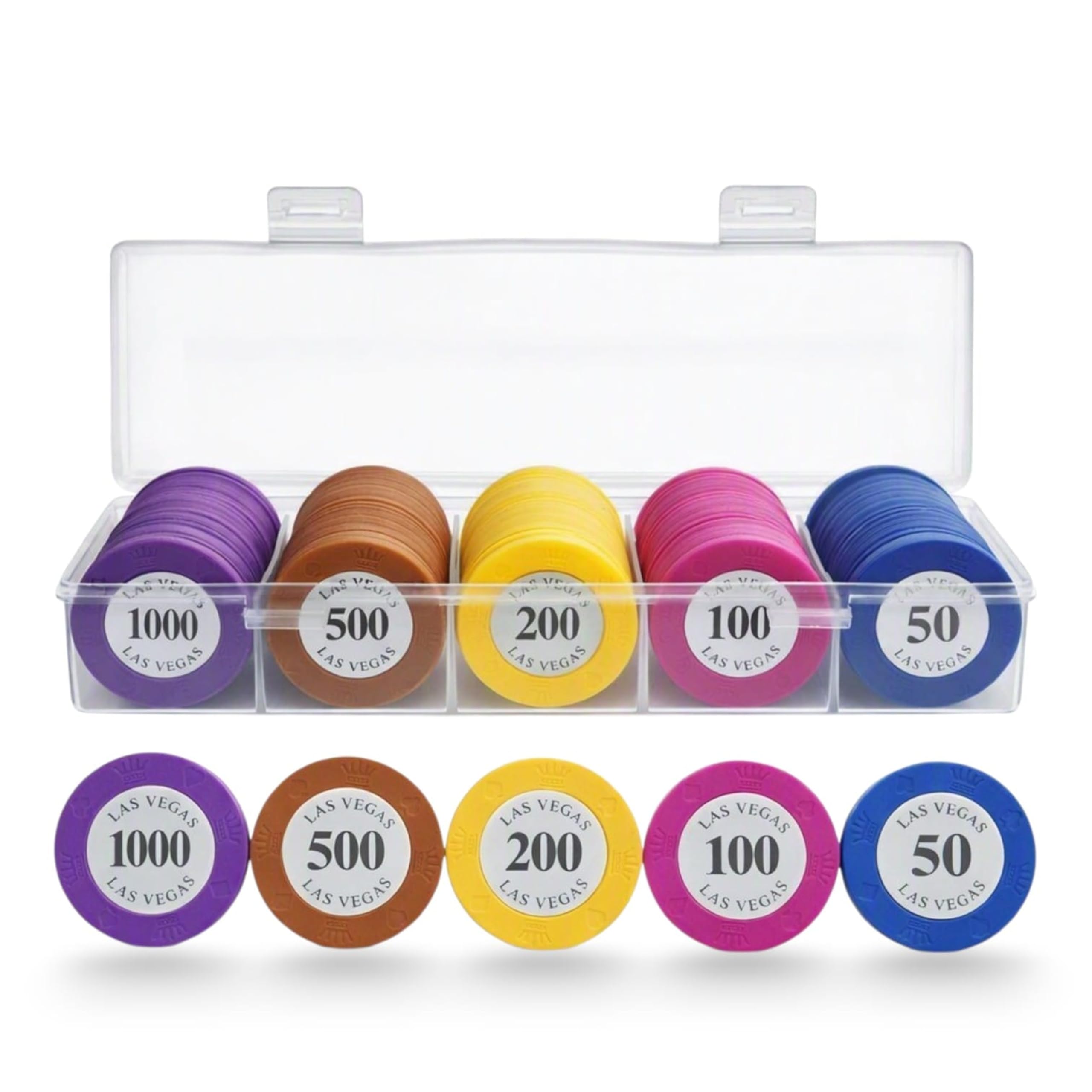 rianz 100 las vegas poker chips set with storage box | 100 poker chips in 5 denominations with transparent storage box, ideal for poker, teen patti and casino-style games