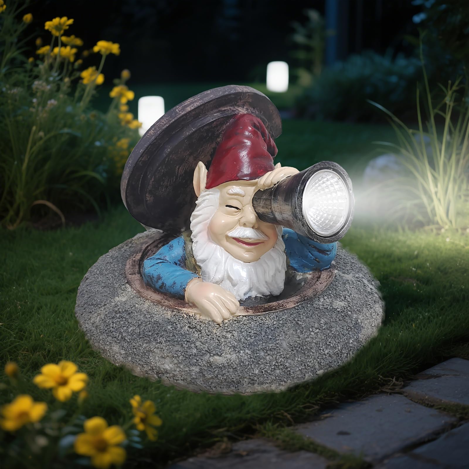RATUEJIA Solar Garden Gnomes Statue - Funny Dwarf Statue Hiding Under a Manhole Cover, Solar Outdoor Garden Decor for Yard, Lawn, Patio - Gnomes
