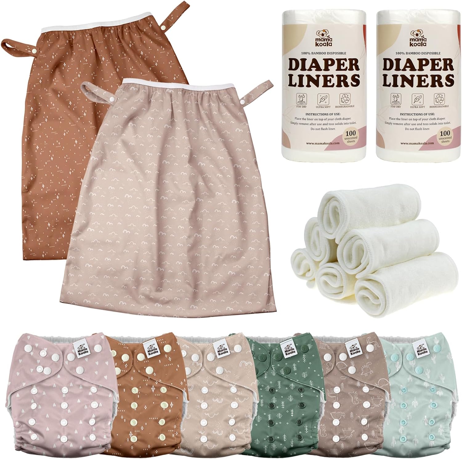 Mama Koala 3.0 Baby Cloth Diapers with 6 Inserts Bundle, with 2 Pack Pail Liners, and 2 Rolls Natural Liners