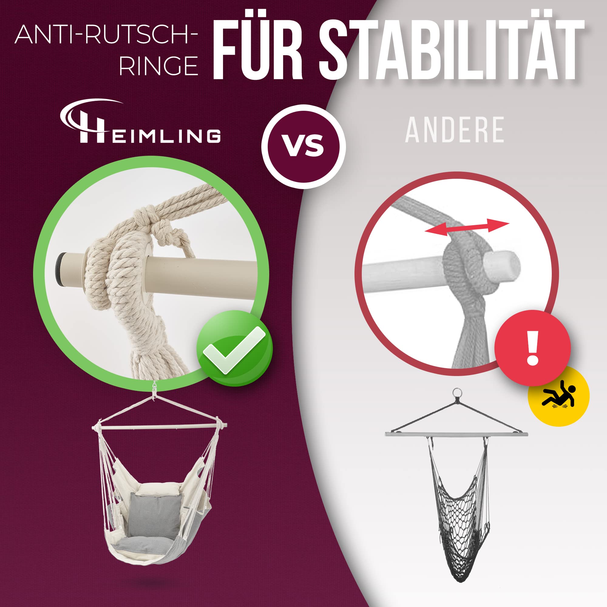 HEIMLING Hängesessel High-Class Outdoor & Indoor XXL [All Inclusive Paket mit Aufhängung + 3 Kissen] Kinder & Erwachsene bis 150 kg | Hängematte Wohn- Schlafzimmer, Garten Balkon Terrasse